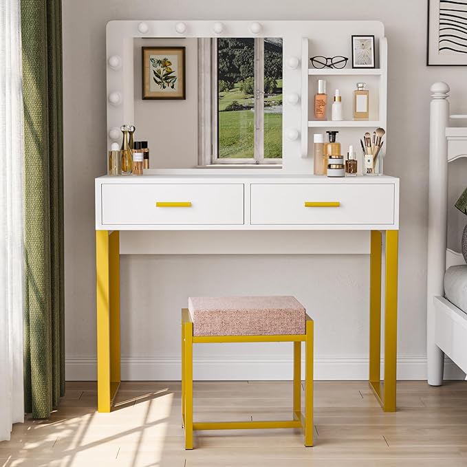 Vanity Desk with Mirror, With Chair and 10 LED Lights, with 2 Big Drawers and Side Shelves for Storage-GCC Home Center
