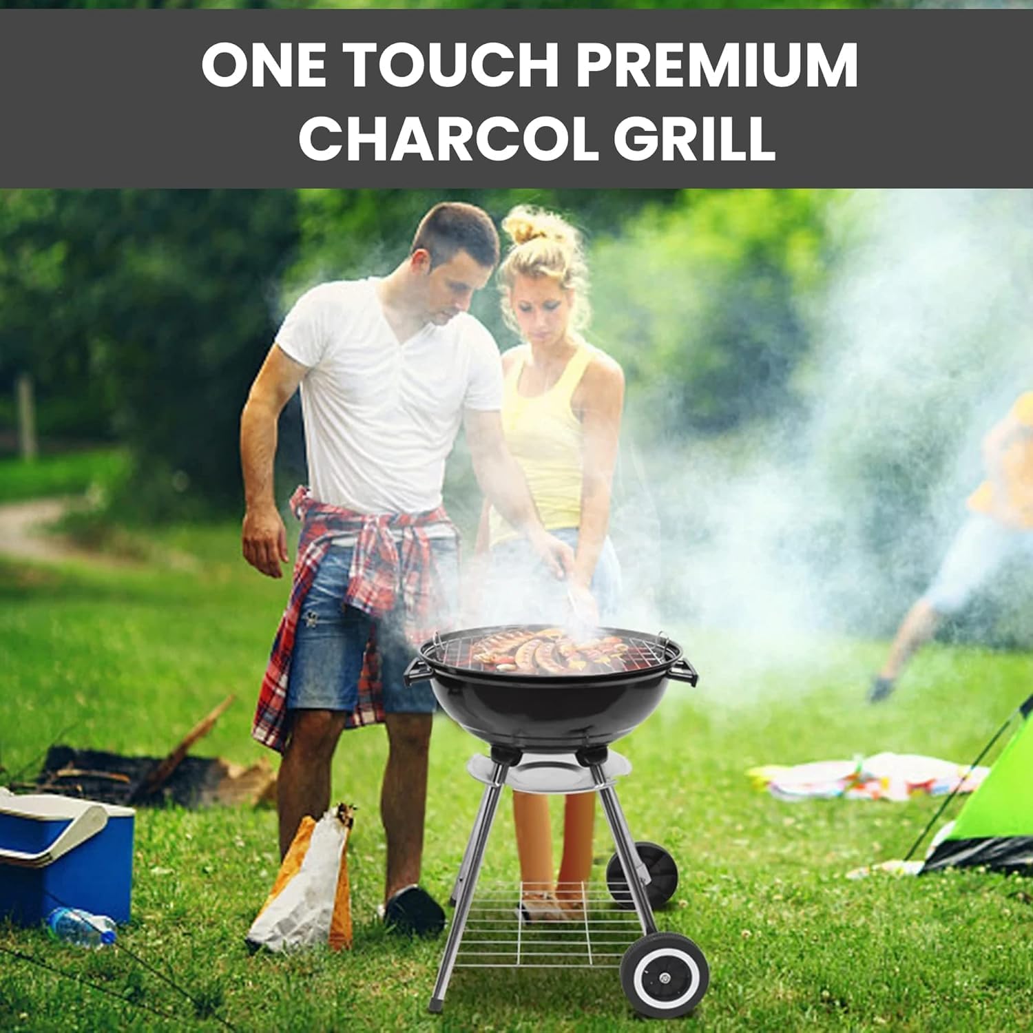 COOLBABY Trolley Charcoal Barbecue Grill A picnic BBQ Outdoor Patio Garden with Side Trays and Storage Shelf Barbecue pits