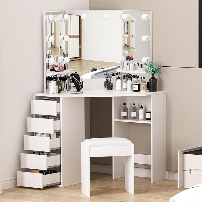 Vanity Desk with Mirror and Lights, Large Dressing Tables with Charging, 5 Drawers, Shelves and Vanity Stool-GCC Home Center