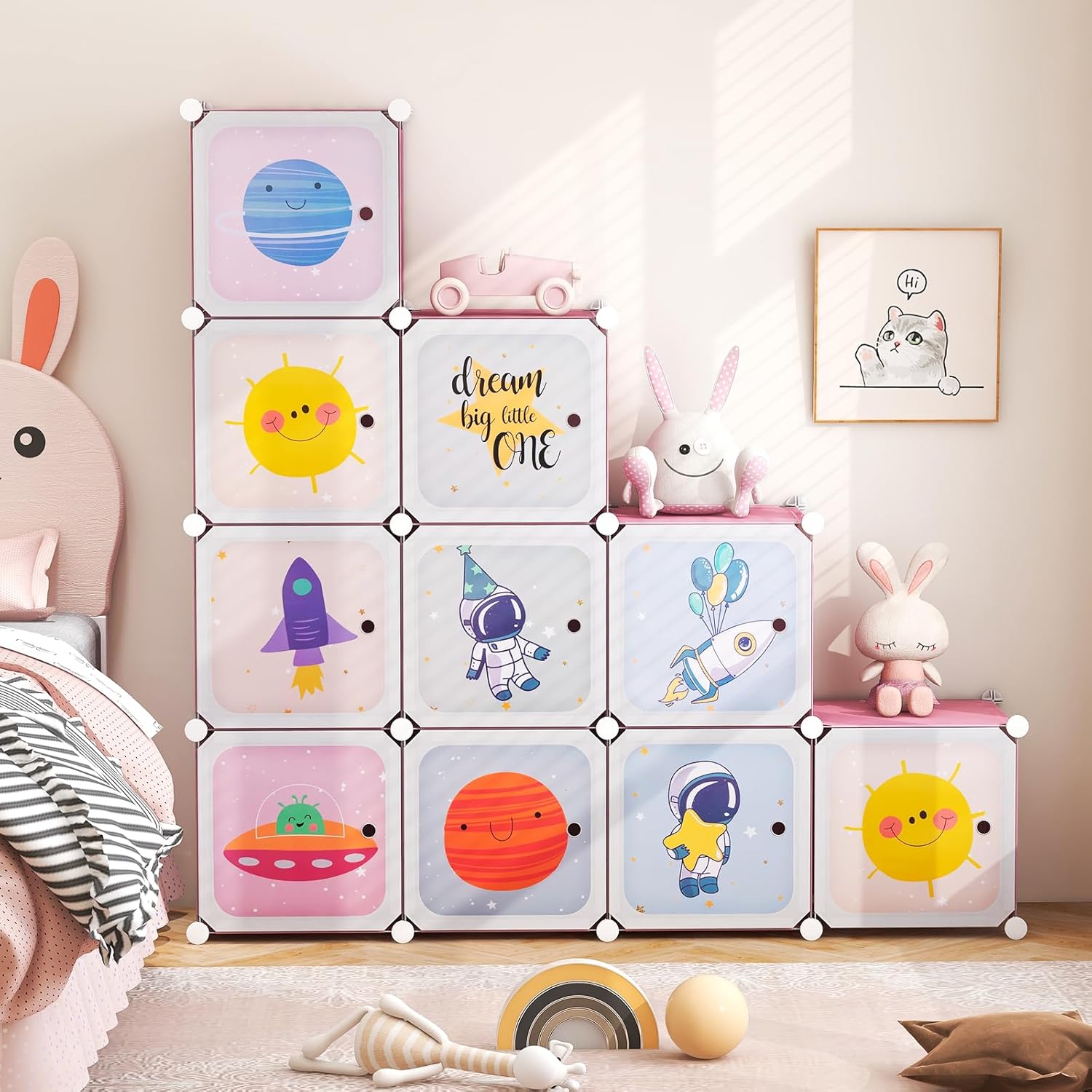 INFANS Children Wardrobe, Kid Closet Portable Baby Dresser Cute for Kids Bedroom Nursery Armoire with Doors 12 Cube 2 Hanging Sections, Kid Clothes Storage Organizer (Pink, 12 Cubes)-GCC Home Center