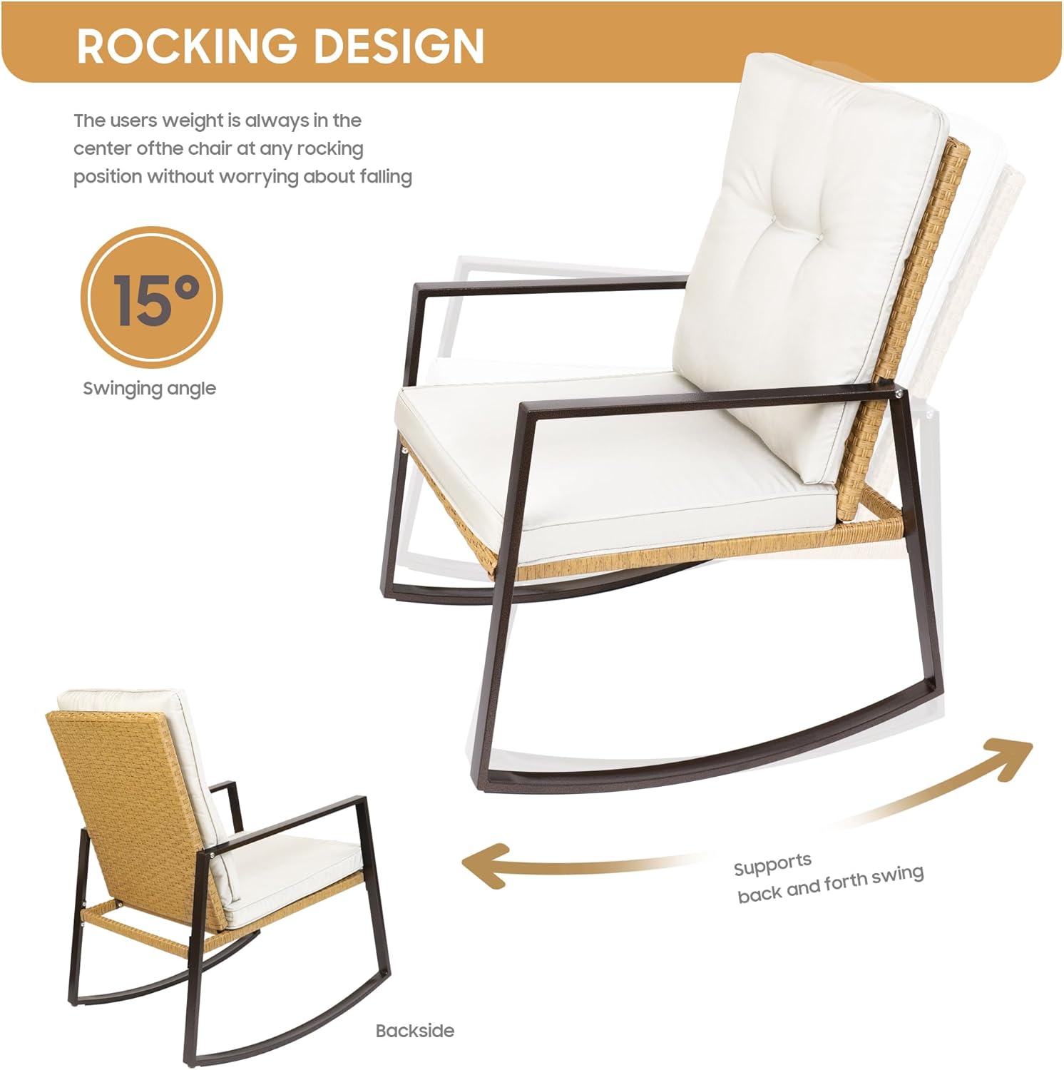 YIYAN 3 Pieces Patio Bistro Set Outdoor Rattan Wicker Rocking Chairs Set,Patio Outdoor Furniture Conversation Sets with Sofa Chairs,Glass Coffee Table and Washable Cushion (Light Beige)