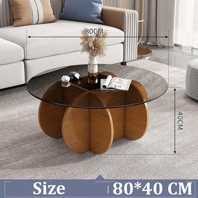 Modern Round Coffee Table with Solid Wood Legs and Rustic Circle Center Cocktail Table with Tempered Glass-Top-GCC Home Center