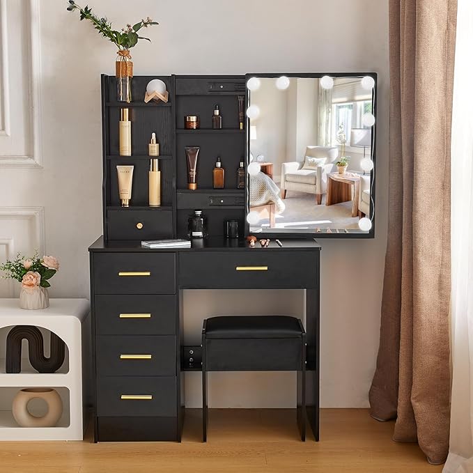 Dressing Table with LED Lights, Vanity Table with Adjustable Brightness Mirror-GCC Home Center