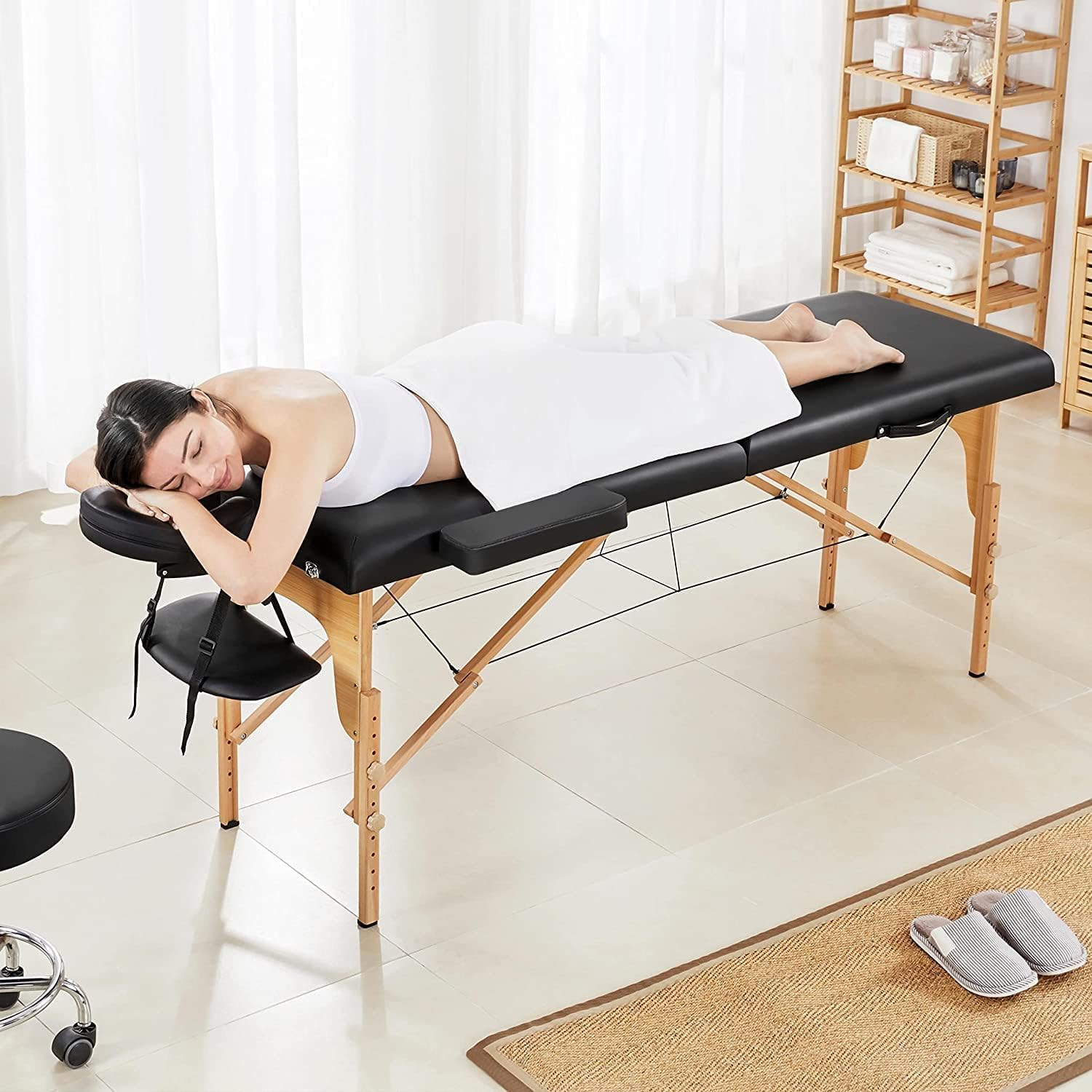 COOLBABY Professional Portable Massage Table Professional Adjustable Folding Bed with 3-part Wooden Frame Ergonomic Headrest and Lash Extension Bed,Facial Cradle Salon Bed (Black) KYBJ-302-SRK21
