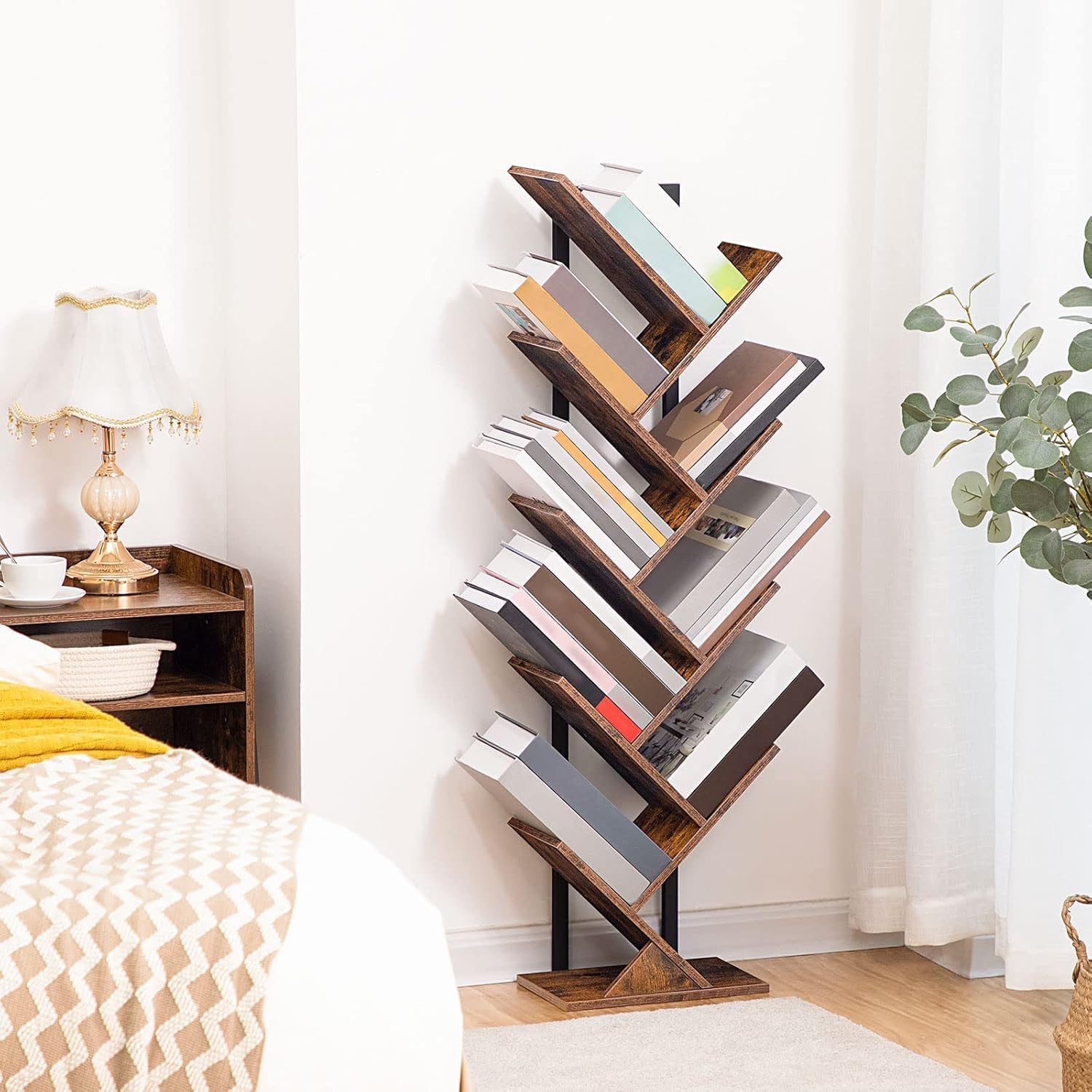 HOOBRO Floor Standing Tree Bookshelf, 9 Tier Tree Bookcase Shelves Wooden, Freestanding Office Bookcase Storage Organizer for Living Room, Bedroom, Tall Wood Bookshelf, Rustic Brown EBF08SJ01G1