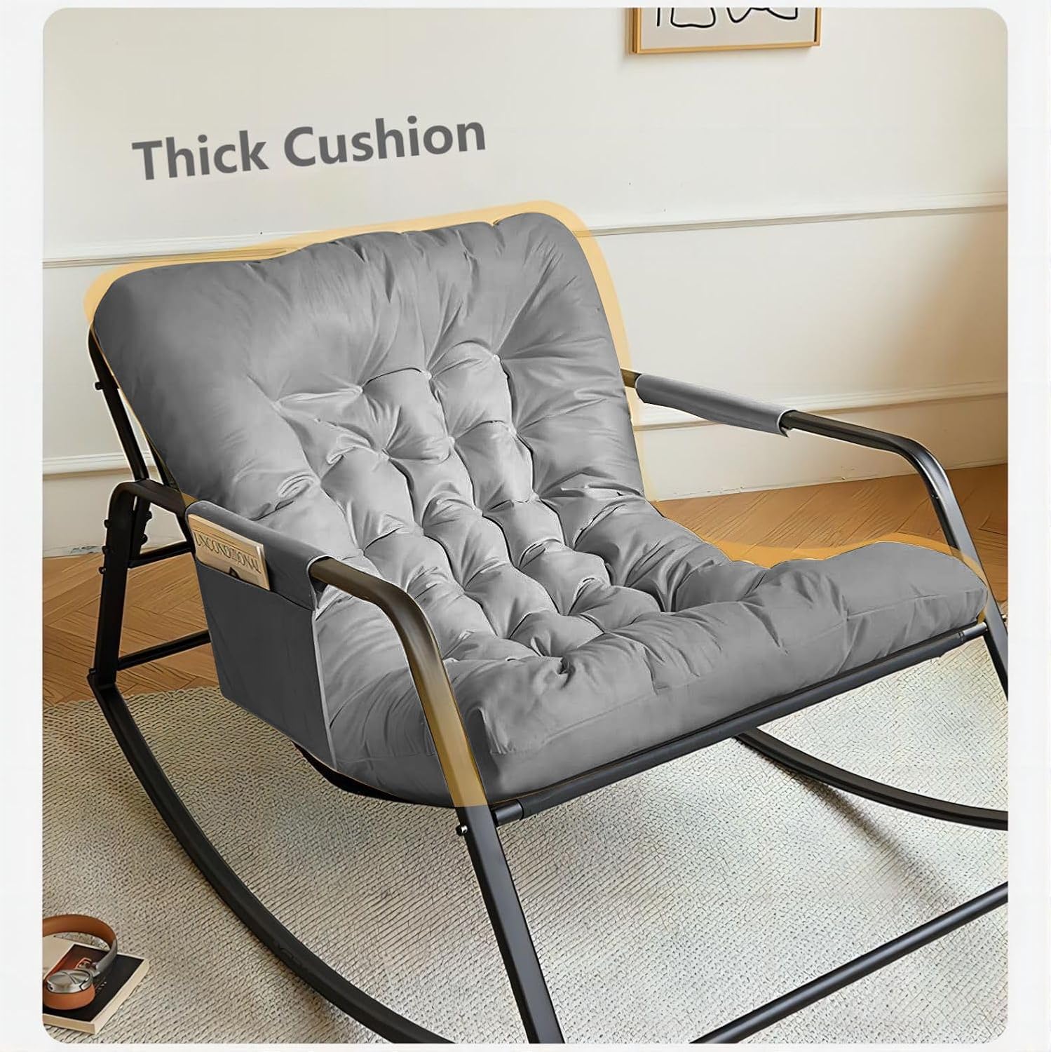 COOLBABY Rocking Chair Rocking Chair Nordic Italian Living Room Household Single Leisure And Comfortable Cloth Sofa Chair for Bedroom Balcony (Color : GREY)