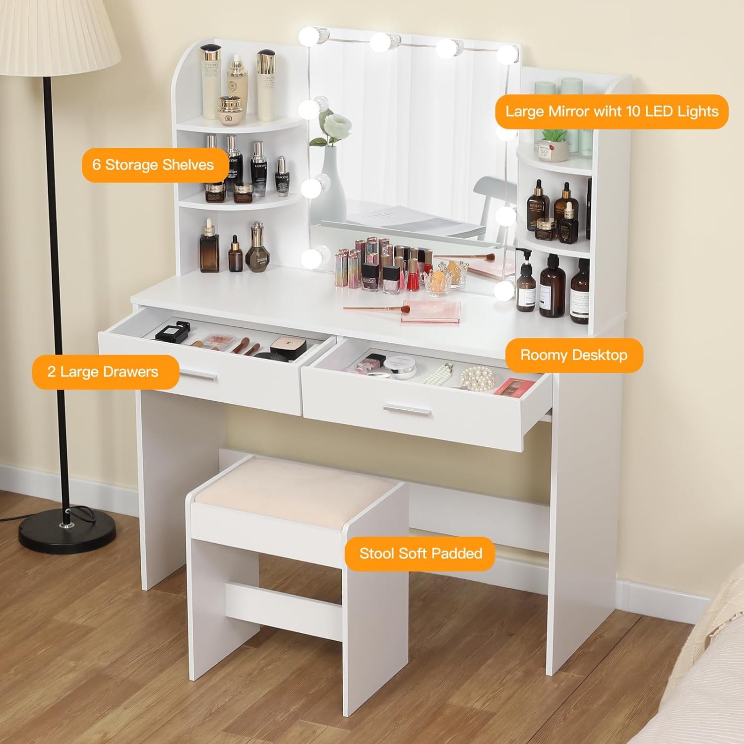 Makeup Vanity with Mirror and 10 LED Lights, Vanity Makeup Table Set with 2 Drawers and Open Shelves-GCC Home Center