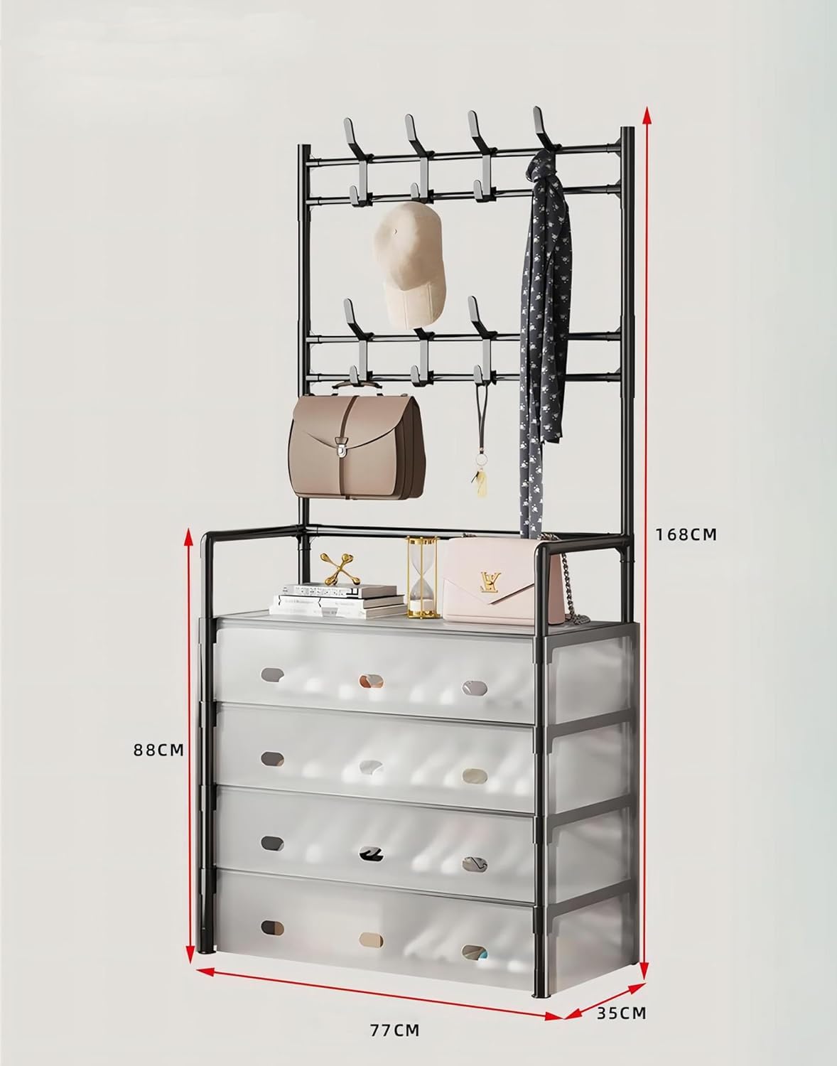 COOLBABY 5-Tier Coat and Shoe Rack with Dust Cover, Multi-Functional Hall Tree Entryway Organizer with 8 Hooks, Sturdy Metal Shoe Storage for Home, Hallway, and Bedroom (Black)