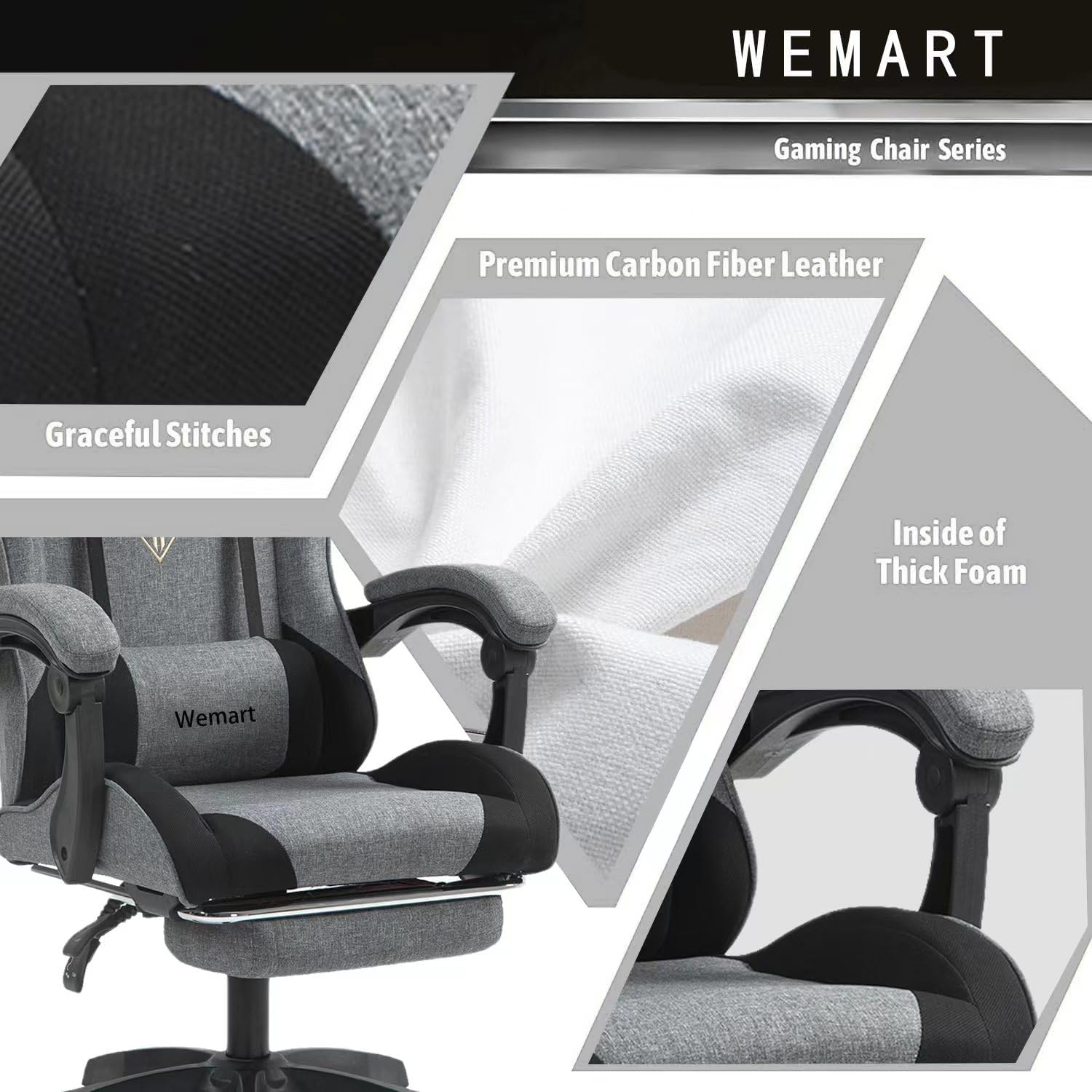 Wemart Gaming Chair, Computer Chair with Fabric?Office Chair with Armrest & Adjustable Seat, Ergonomic Video Game Chair with Neck and Massage Lumbar Support (grey)-GCC Home Center