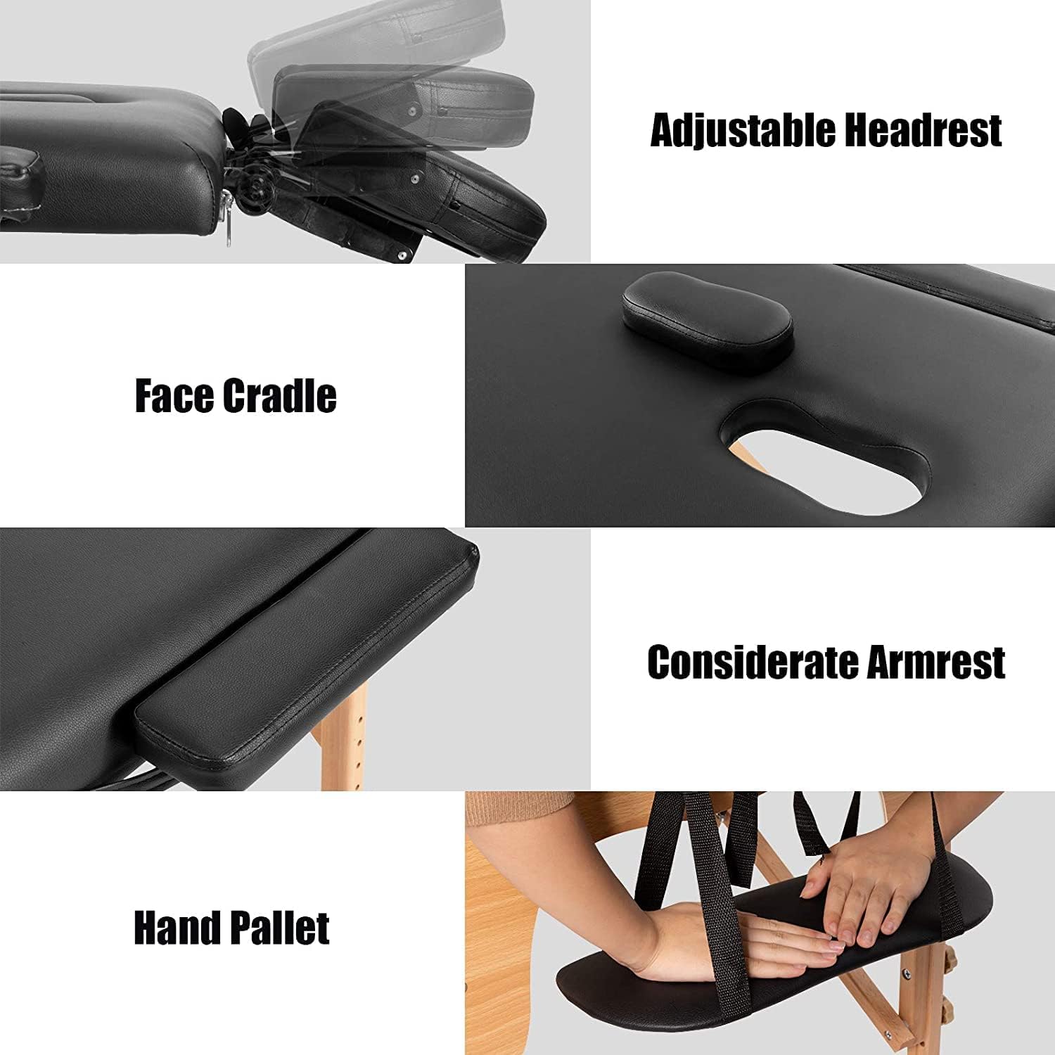 COOLBABY Professional Portable Massage Table Professional Adjustable Folding Bed with 3-part Wooden Frame Ergonomic Headrest and Lash Extension Bed,Facial Cradle Salon Bed (Black) KYBJ-302-SRK21