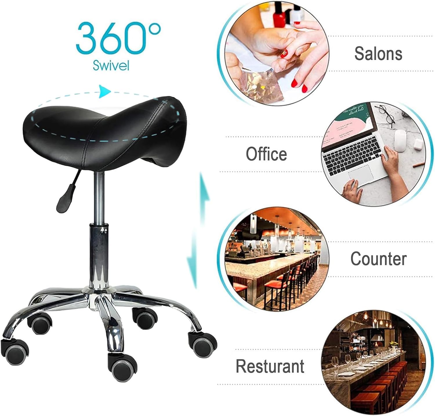 COOLBABY Saddle Chair, Saddle Stool with Wheels, Hydraulic Rolling Swivel Adjustable Stool Chair for Salon Spa Beauty Massage Dental Clinic Home Office
