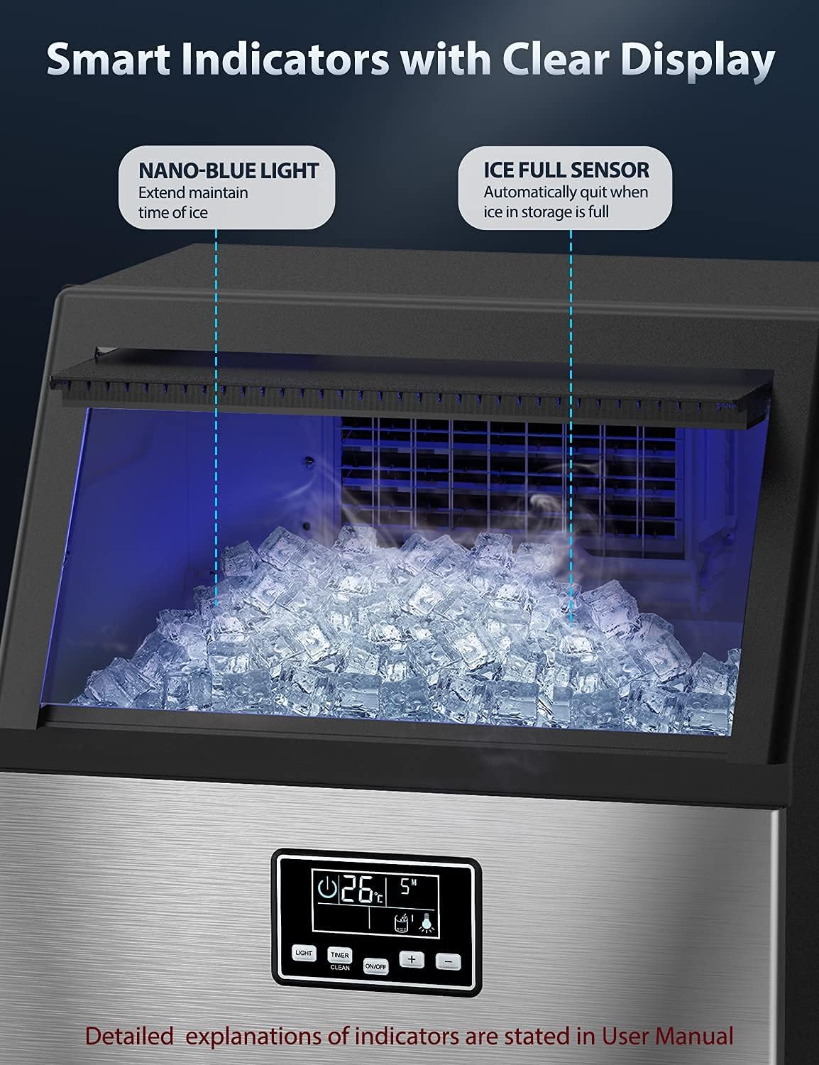 COOLBABY Ice Maker Commercial Machine Self Clean, 44 Cubes per Batch in 11-18 Minutes 100KG/24H,15KG Storage Bin, Advanced LCD Panel w/Clear Indicators, Freestanding for Restaurant/Home/Food Truck Use
