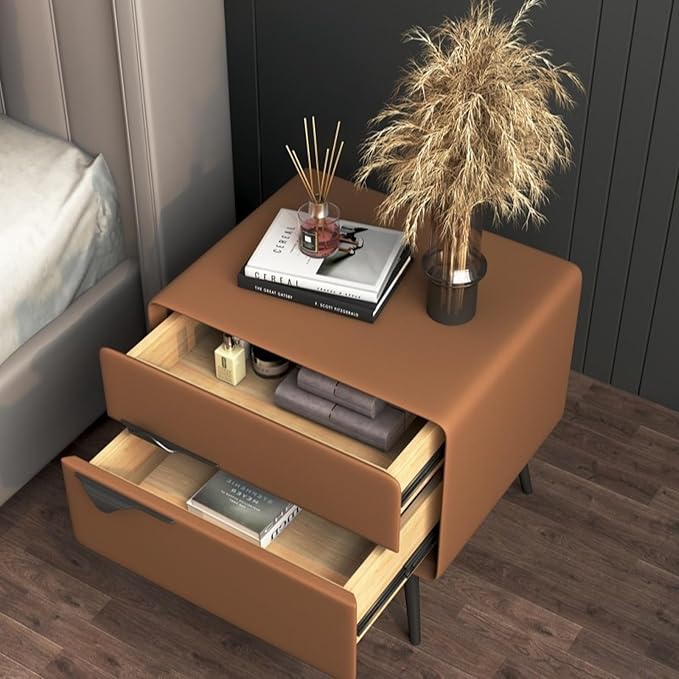 Modern Leather Nightstand with 2 Drawers & Metal Legs Stylish, Bedside Table for Bedroom and Living Room - Gray C-GCC Home Center