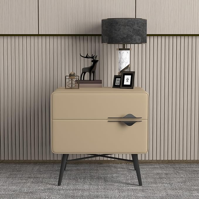 Modern Leather Nightstand with 2 Drawers & Metal Legs Stylish, Bedside Table for Bedroom and Living Room - Gray C-GCC Home Center
