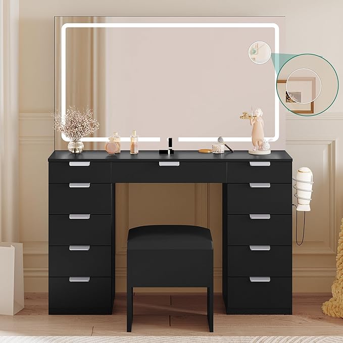 Vanity Desk Set with Large LED Lighted Mirror & Power Outlet, 11 Drawers and Magnifying Glass-GCC Home Center