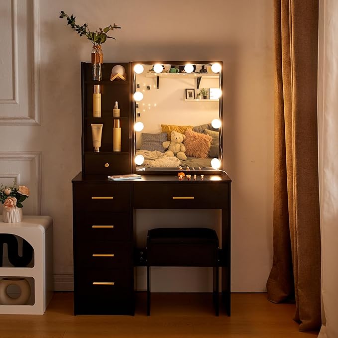 Dressing Table with LED Lights, Vanity Table with Adjustable Brightness Mirror-GCC Home Center