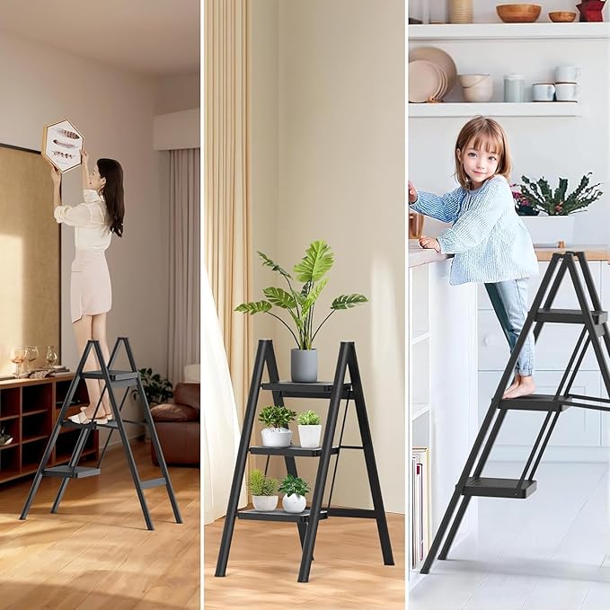 3-Step Folding Ladder – Heavy-Duty Steel, Anti-Slip Pedals, 150kg Load Capacity (Black)