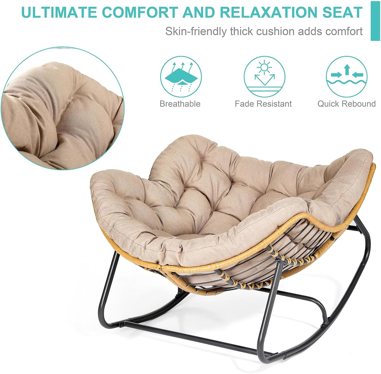 SWITTE Modern Americana Patio Rocking Chair, Rattan Wicker Lounge Chair, Indoor Papasan Chair, Beige - Relaxing, Sleeping, Reading - Ergonomic Design, Durable Alloy Frame-GCC Home Center