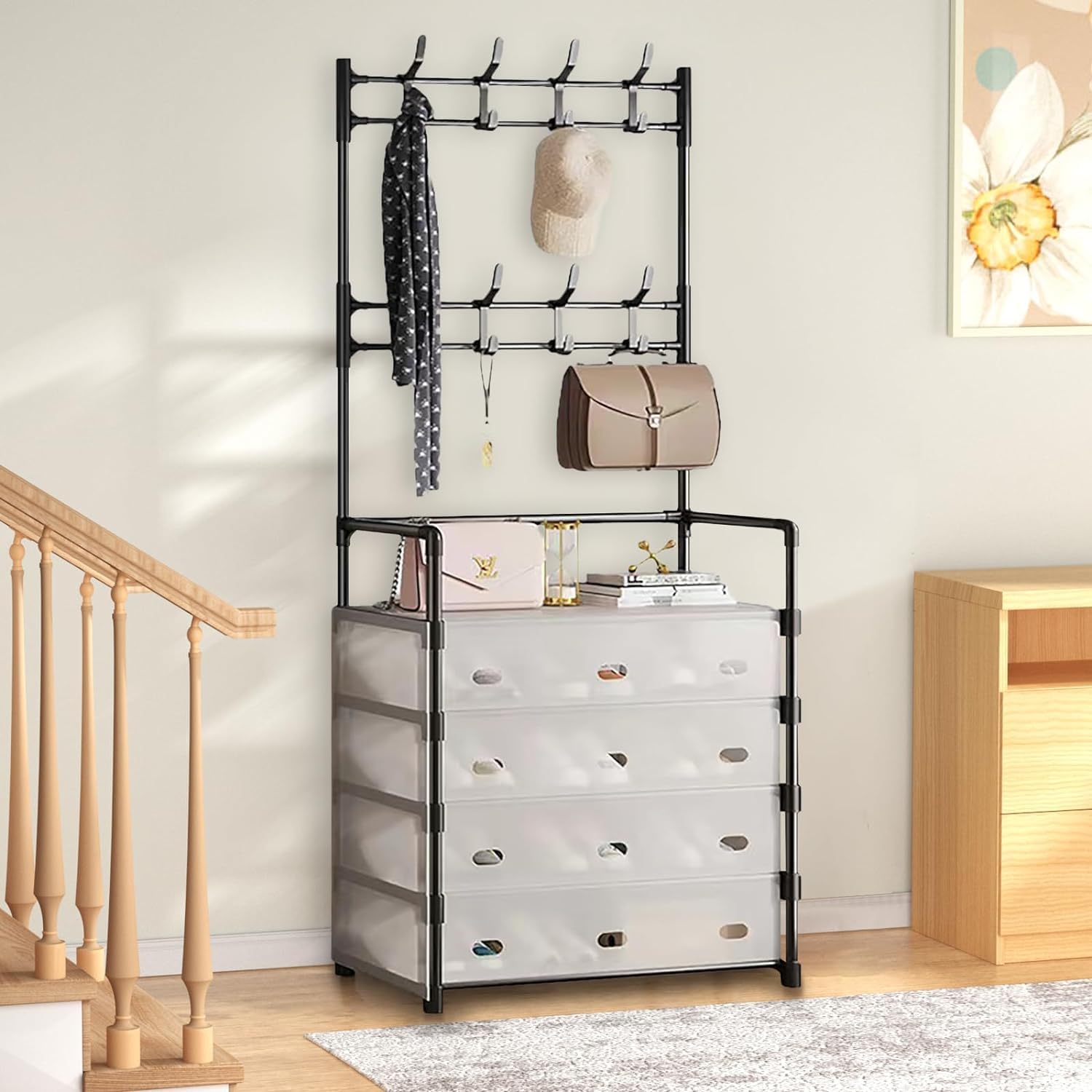 COOLBABY 5-Tier Coat and Shoe Rack with Dust Cover, Multi-Functional Hall Tree Entryway Organizer with 8 Hooks, Sturdy Metal Shoe Storage for Home, Hallway, and Bedroom (Black)