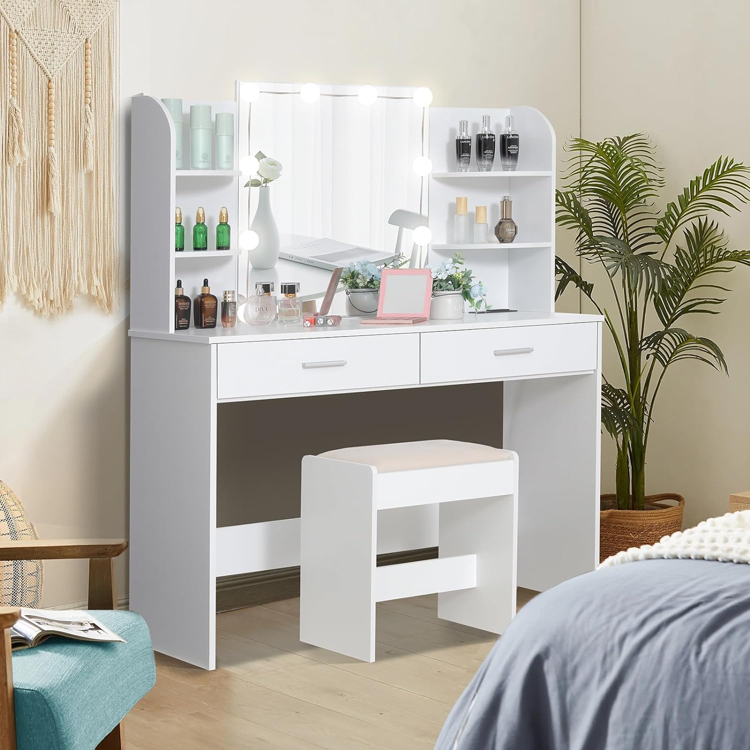 Makeup Vanity with Mirror and 10 LED Lights, Vanity Makeup Table Set with 2 Drawers and Open Shelves-GCC Home Center