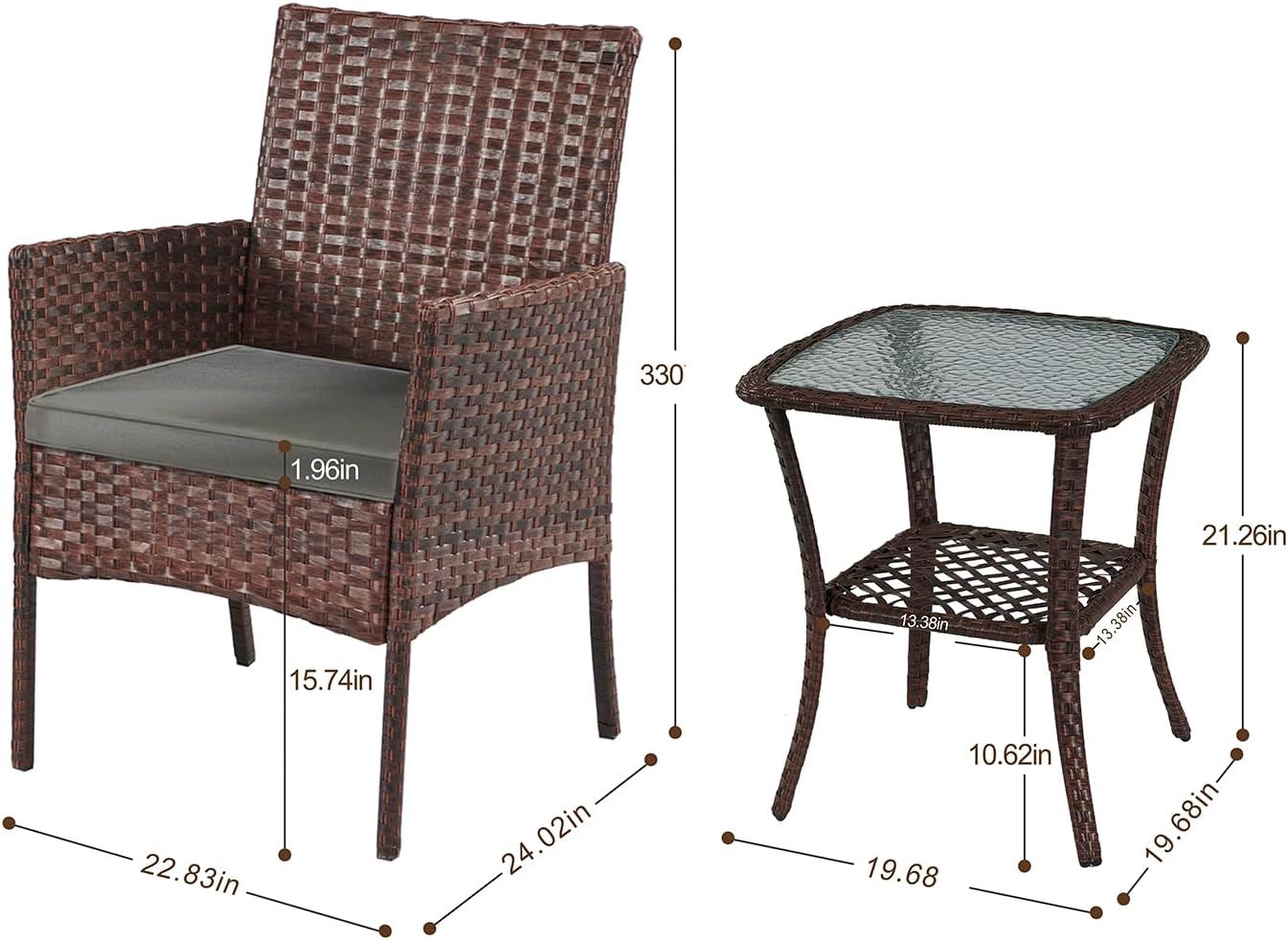 YIYAN Garden Furniture Set 3 Pieces Patio Rattan Wicker Chairs,Patio Porch Outdoor Furniture Set with Chairs, Coffee Table and Washable Cushions (Gray)