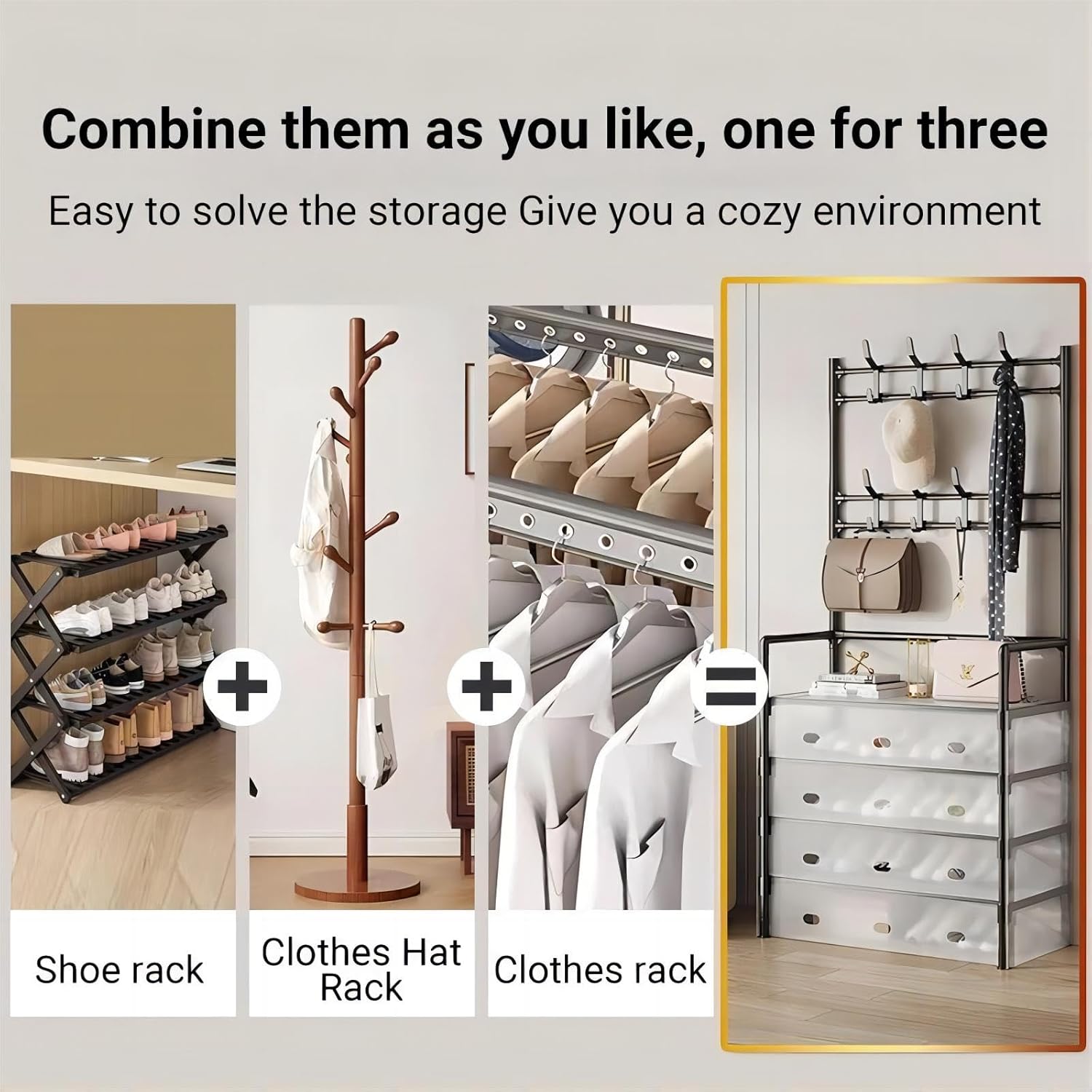 COOLBABY 5-Tier Coat and Shoe Rack with Dust Cover, Multi-Functional Hall Tree Entryway Organizer with 8 Hooks, Sturdy Metal Shoe Storage for Home, Hallway, and Bedroom (Black)