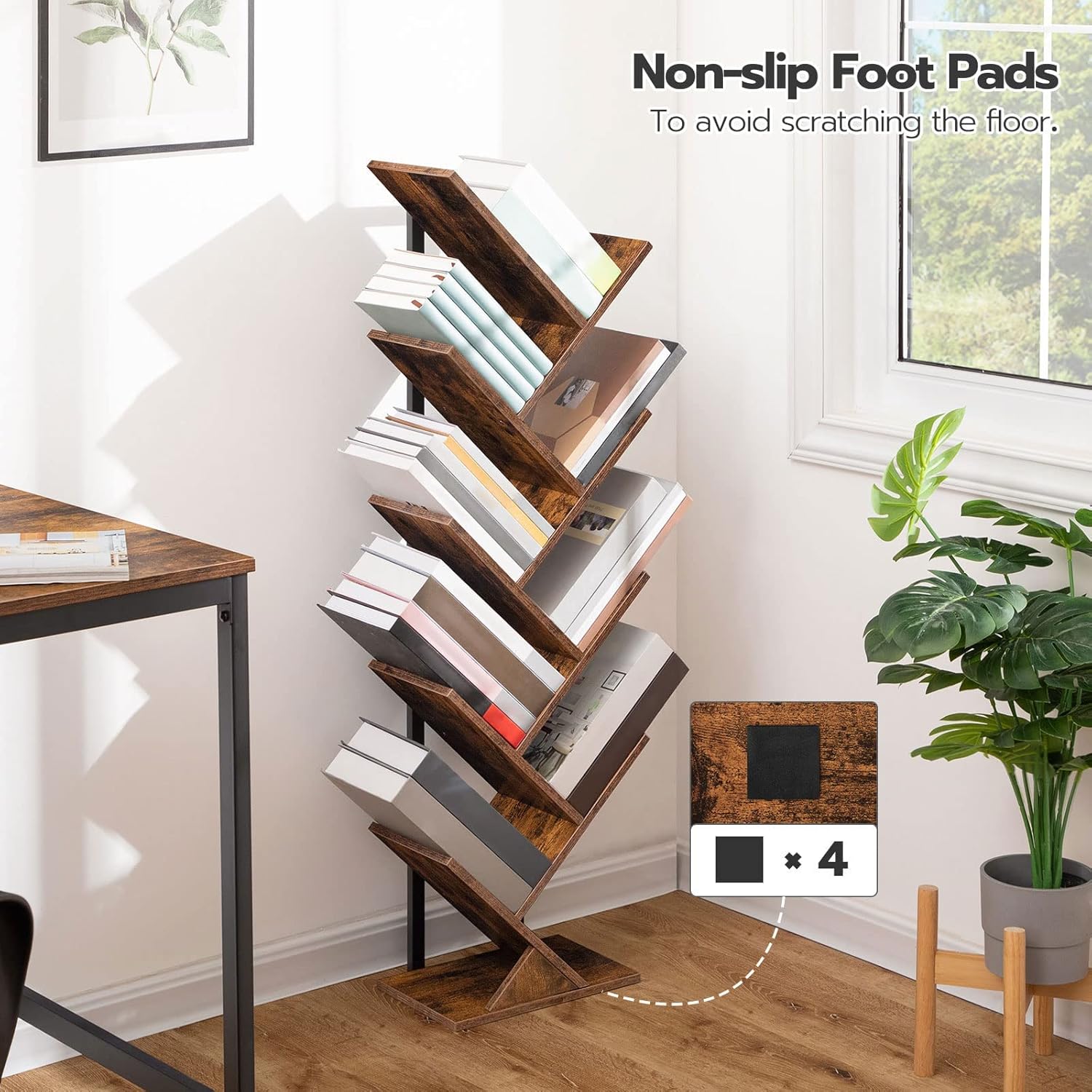HOOBRO Floor Standing Tree Bookshelf, 9 Tier Tree Bookcase Shelves Wooden, Freestanding Office Bookcase Storage Organizer for Living Room, Bedroom, Tall Wood Bookshelf, Rustic Brown EBF08SJ01G1