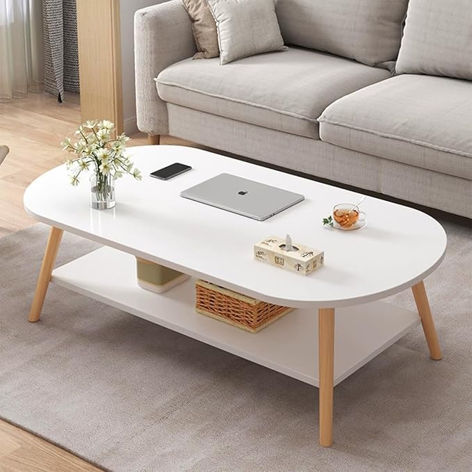 Modern White Marble 2-Tier Oval Coffee Table with Open Shelving-GCC Home Center