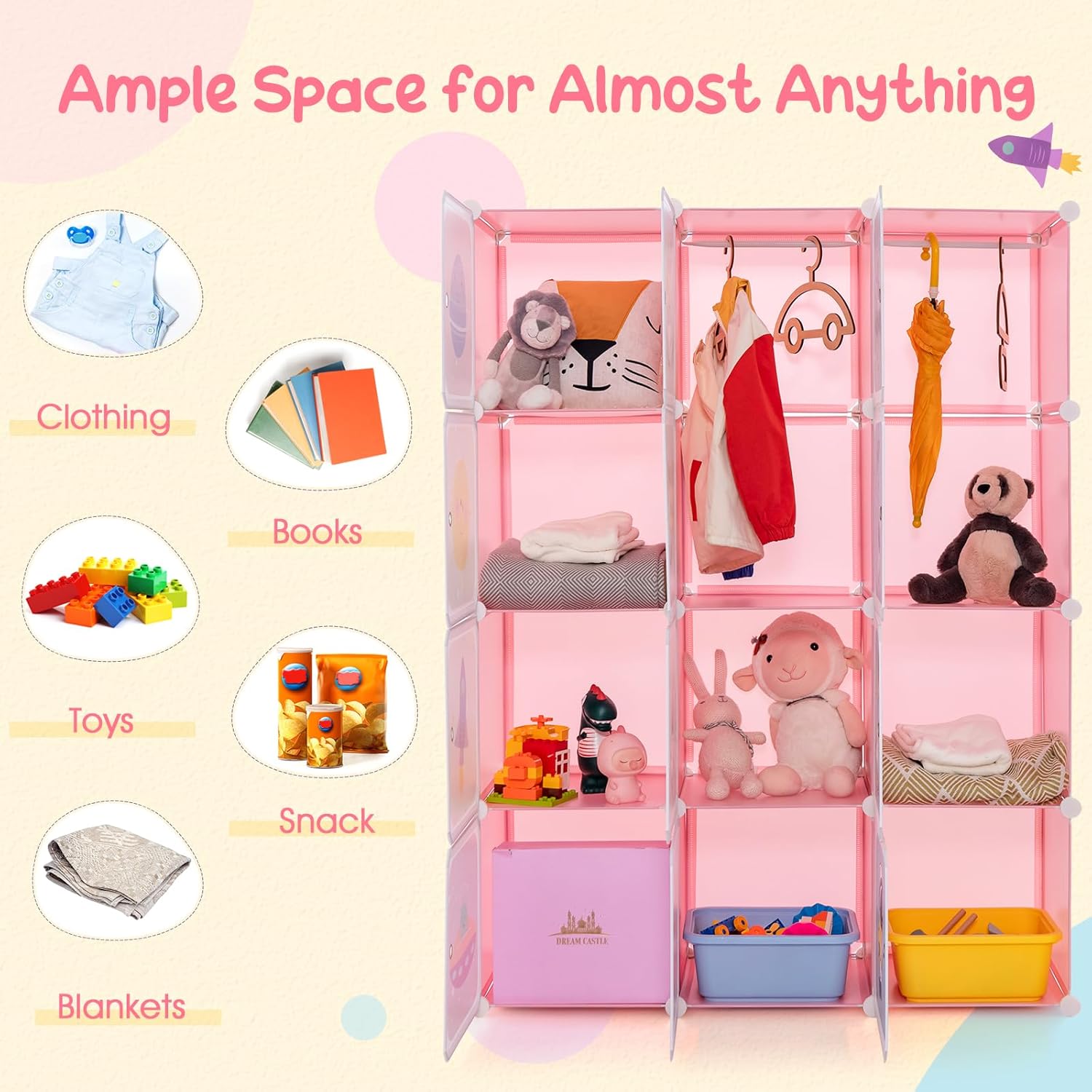 INFANS Children Wardrobe, Kid Closet Portable Baby Dresser Cute for Kids Bedroom Nursery Armoire with Doors 12 Cube 2 Hanging Sections, Kid Clothes Storage Organizer (Pink, 12 Cubes)-GCC Home Center