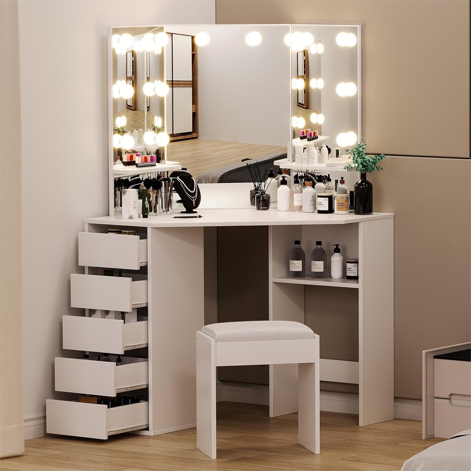 Vanity Desk with Mirror and Lights, Large Dressing Tables with Charging, 5 Drawers, Shelves and Vanity Stool-GCC Home Center