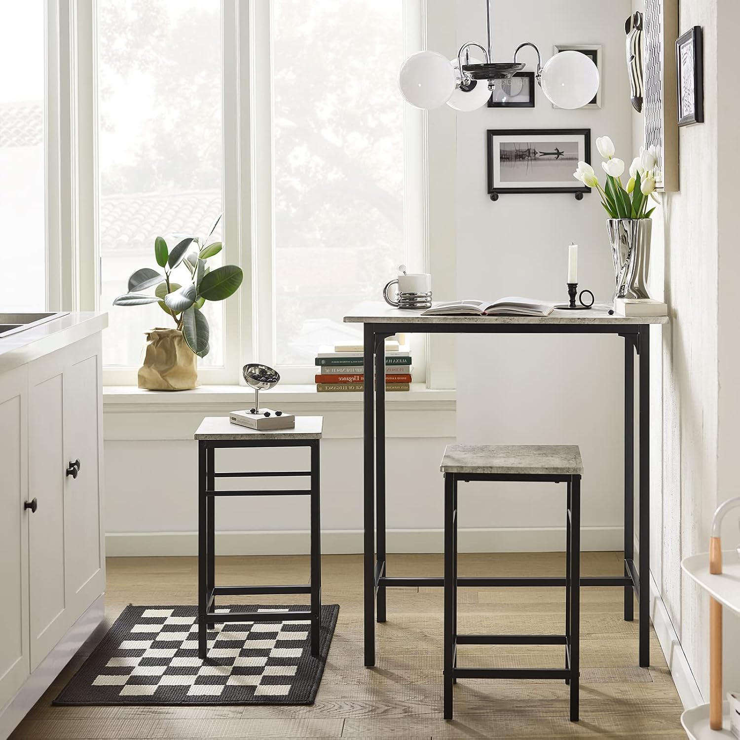 Bar Set-1 Bar Table and 2 Stools, Home Kitchen Breakfast Bar Set Furniture Dining Set (grey)-GCC Home Center