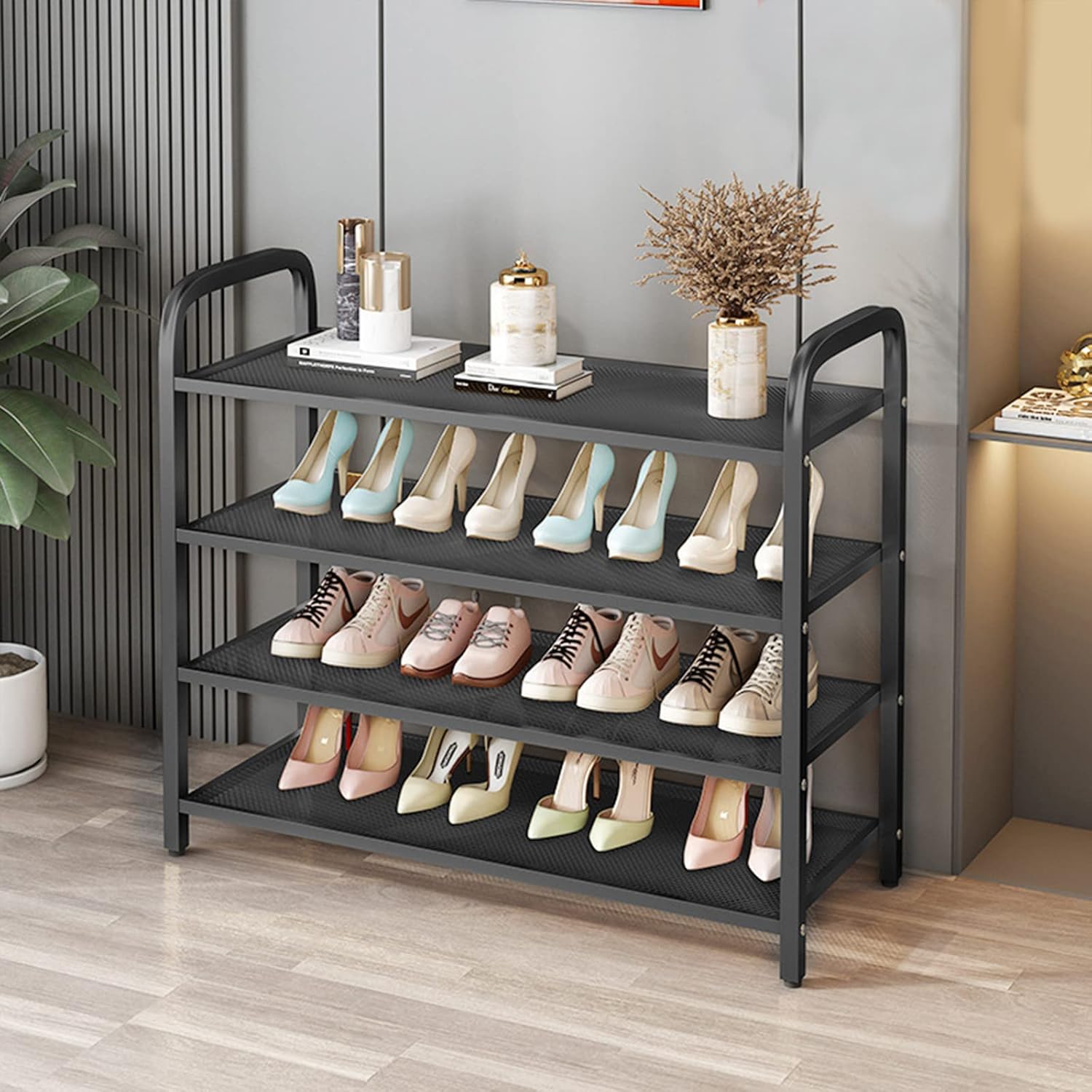 INFOSUN Shoe Rack, Shoes Cabinet Organizer, 4-Tier Shoe Storage with 3 Mesh Shelves, Multi-Function Organizer, Boots Storage Shelf Modern House Furniture Home for Entryway Hallway (Black, 4 Tier)