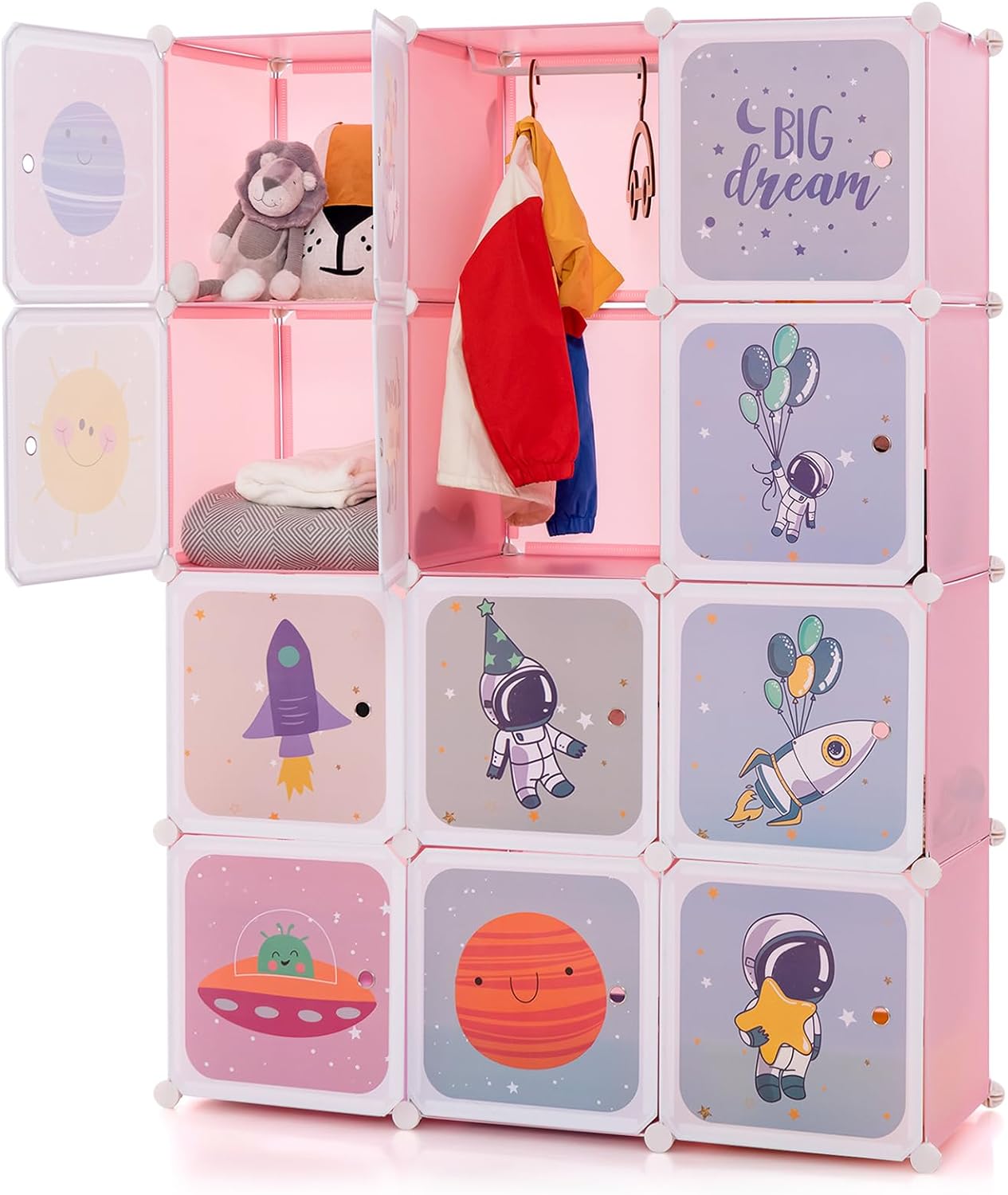 INFANS Children Wardrobe, Kid Closet Portable Baby Dresser Cute for Kids Bedroom Nursery Armoire with Doors 12 Cube 2 Hanging Sections, Kid Clothes Storage Organizer (Pink, 12 Cubes)-GCC Home Center