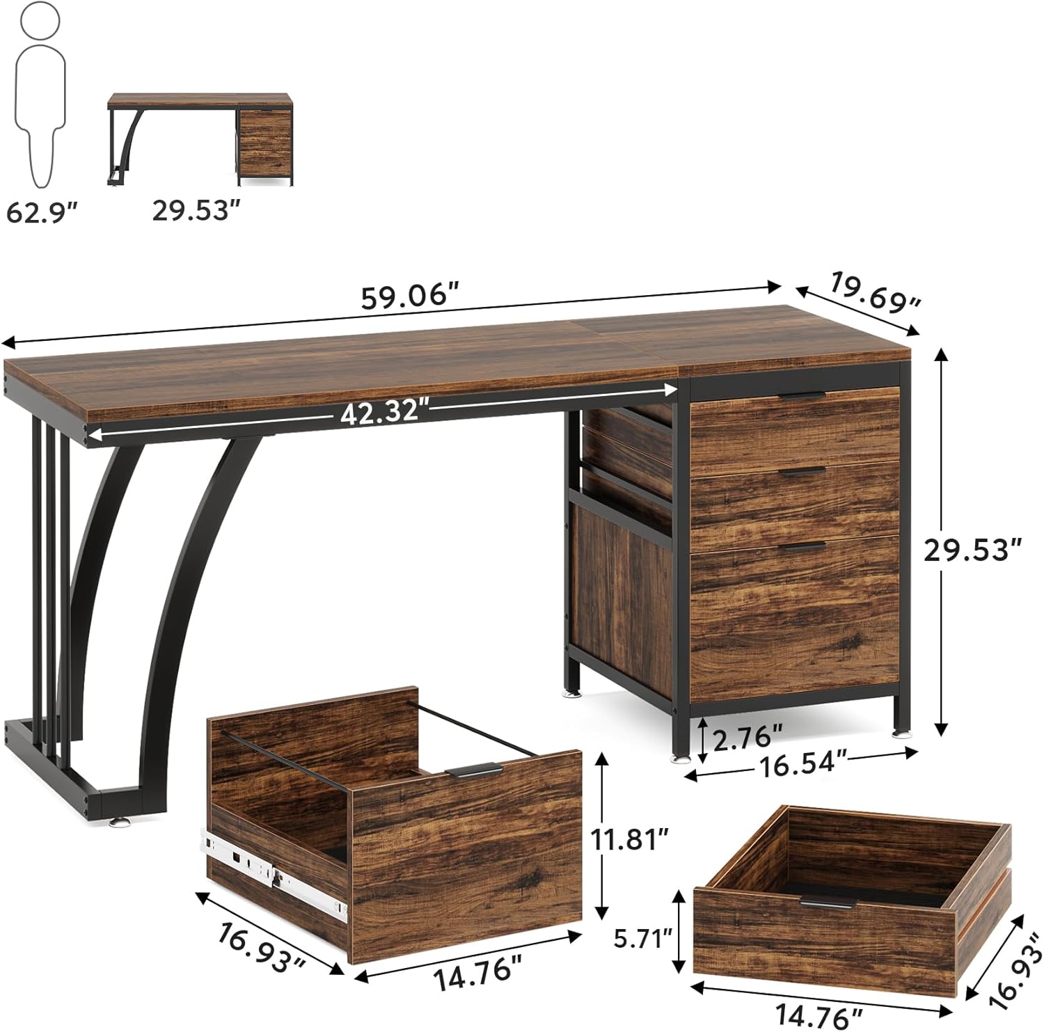 Tribesigns Computer Desk with 3 Drawers, 59-Inch PC Desk with Reversible Drawers, Industrial Study Writing Table Workstation with File Storage for Home Office, Rustic Brown-GCC Home Center