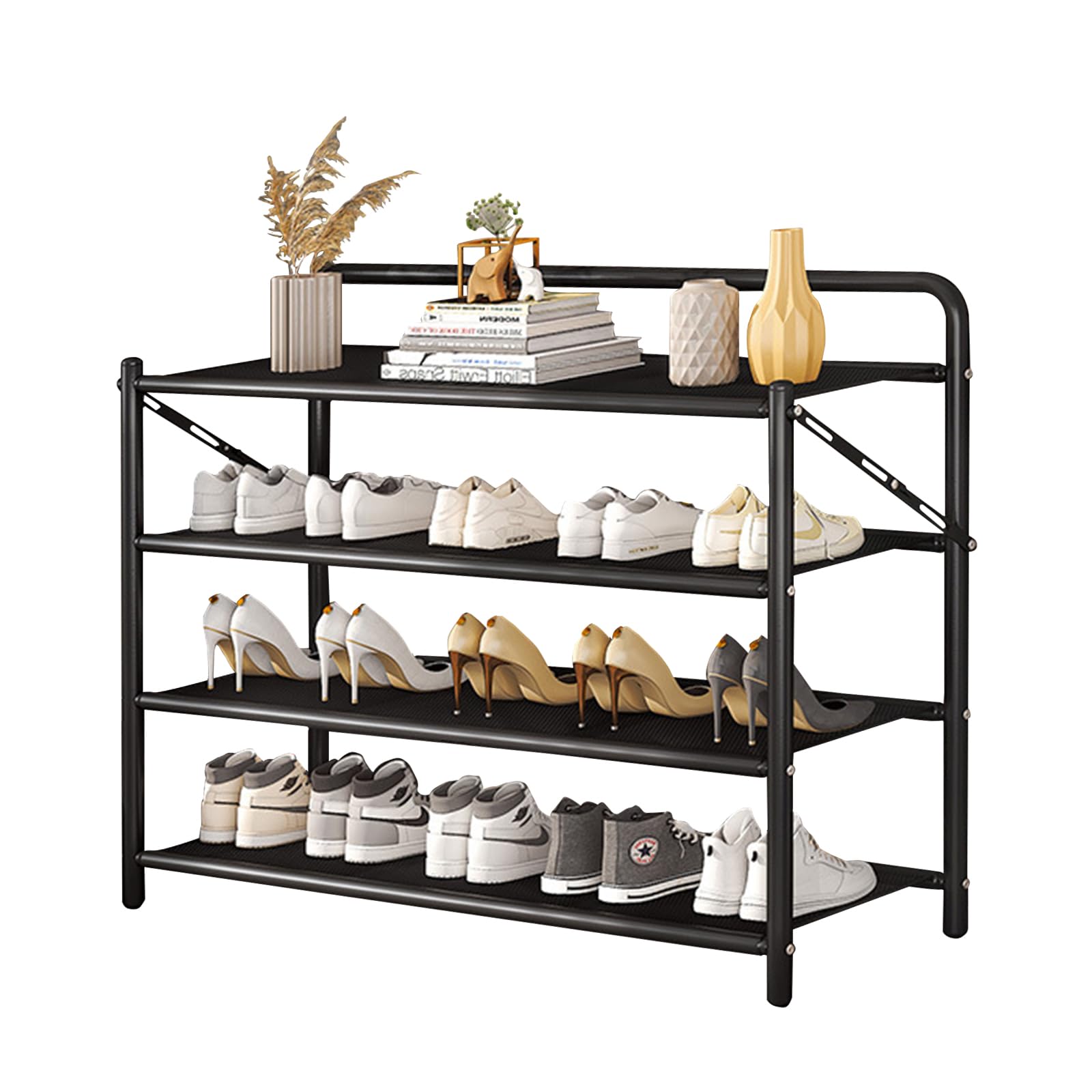INFOSUN Shoe Rack, Shoes Cabinet Organizer, 4-Tier Shoe Storage with 3 Mesh Shelves, Multi-Function Organizer, Boots Storage Shelf Modern House Furniture Home for Entryway Hallway (Black, 4 Tier)