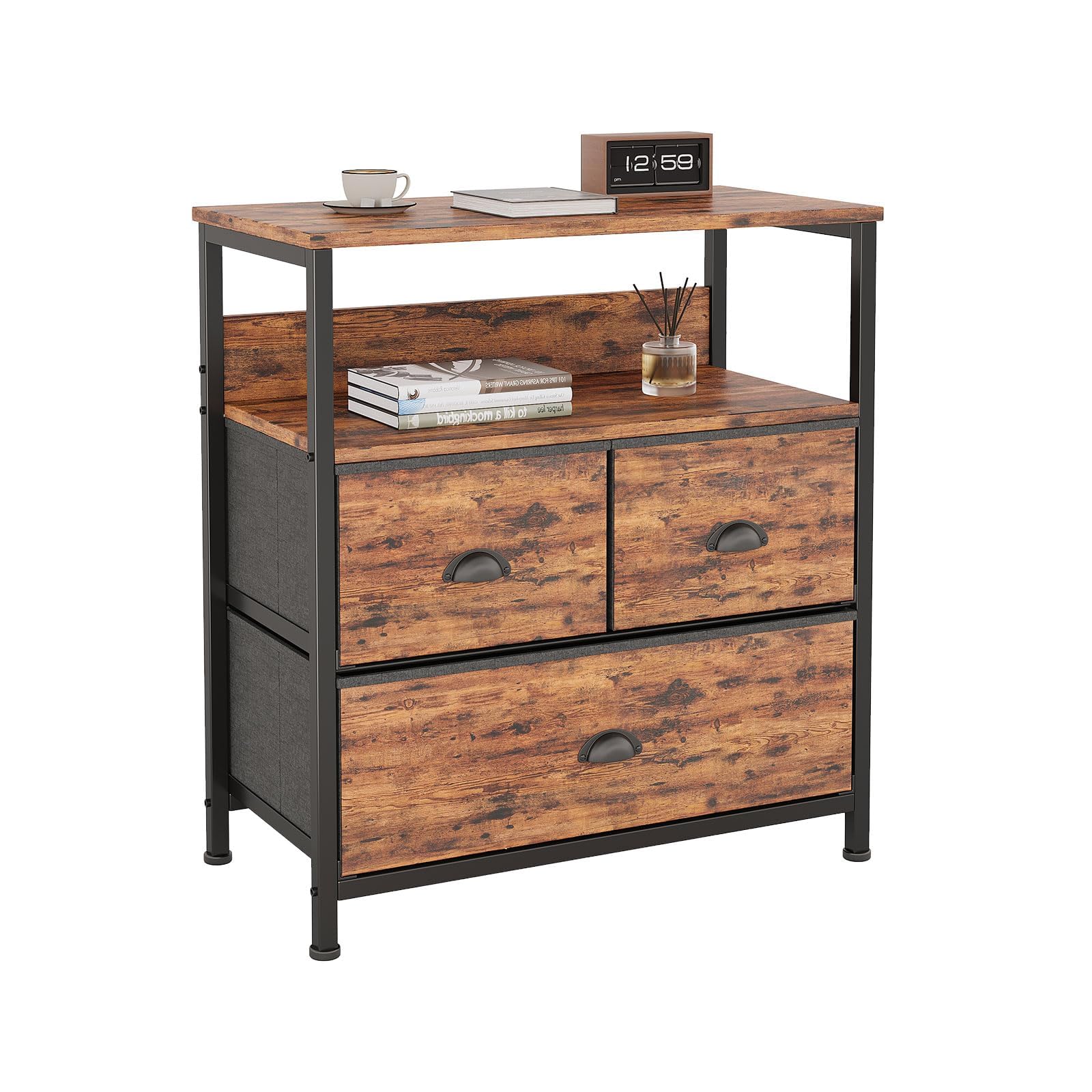 SKY-TOUCH 3 Fabric Drawer Nightstand Storage Chest Unit Home Cabinet w/Shelves Home Living Room Bedroom Entryway Living Furniture, Black,22.8 * 11.4 * 24.8 inch