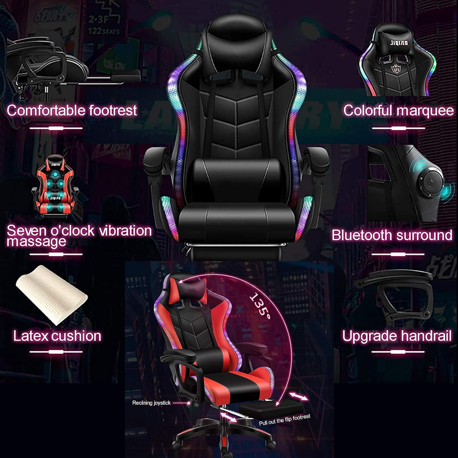 Gaming Chair LED Lights Racing Computer Chair Ergonomic Office Massage Chair with Massager Lumbar Support and Retractible Footrest Adjustment of Backrest, Full Massage, Bluetooth Speaker,Black