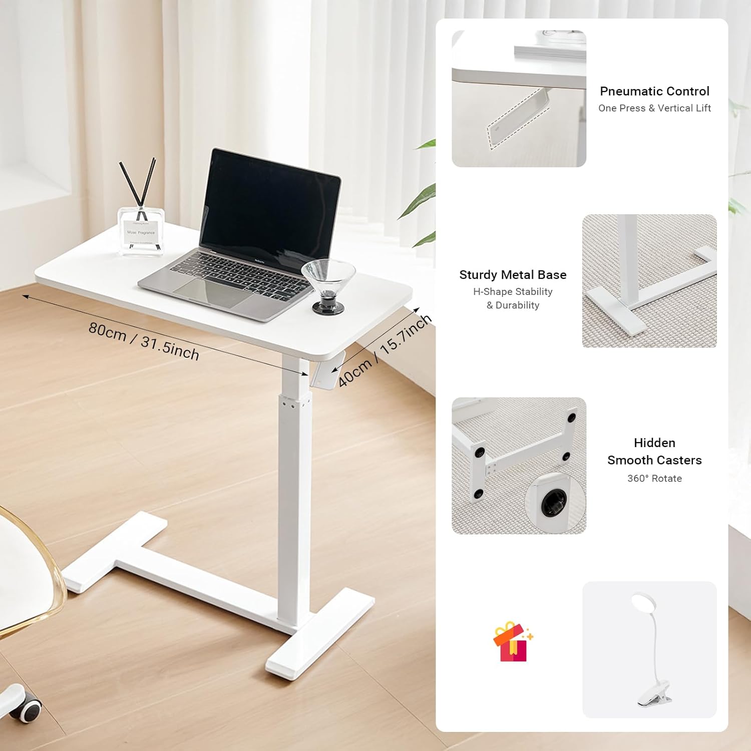 Xmart Adjustable Overbed Table with Wheels,Pneumatic Mobile Standing Desk,Rolling Computer Car,Laptop Desk Multi-Purpose for Home and Medical Use,Sofa Side Table, Movable Bed Table (80x40cm, White)