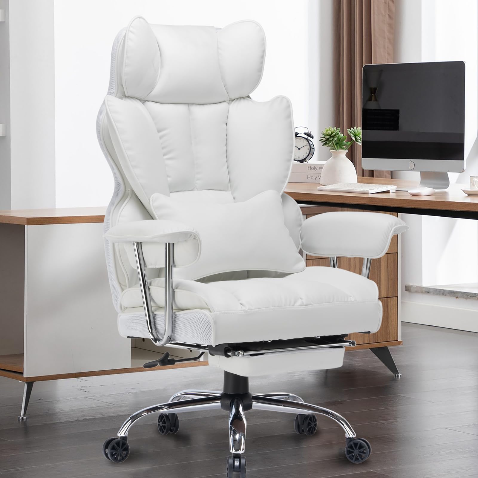 Efomao Big and Tall Office Chair 400lbs – PU Leather Executive Desk Chair with Lumbar Support & Leg Rest, Heavy-Duty Computer Chairs for Home Office, Green