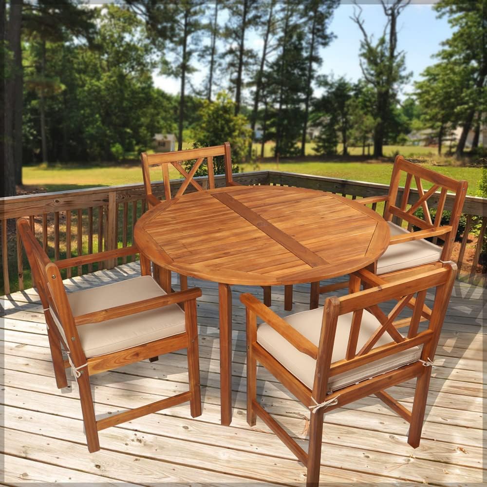 Acacia Wood Chairs With Cushions Table Round Bistro Set Patio Dining Table Set 5 Pcs Wood Furniture for Indoor Outdoor Poolside Garden Balcony Terrace Use - Garden Furniture - Dining Set for 5-GCC Home Center