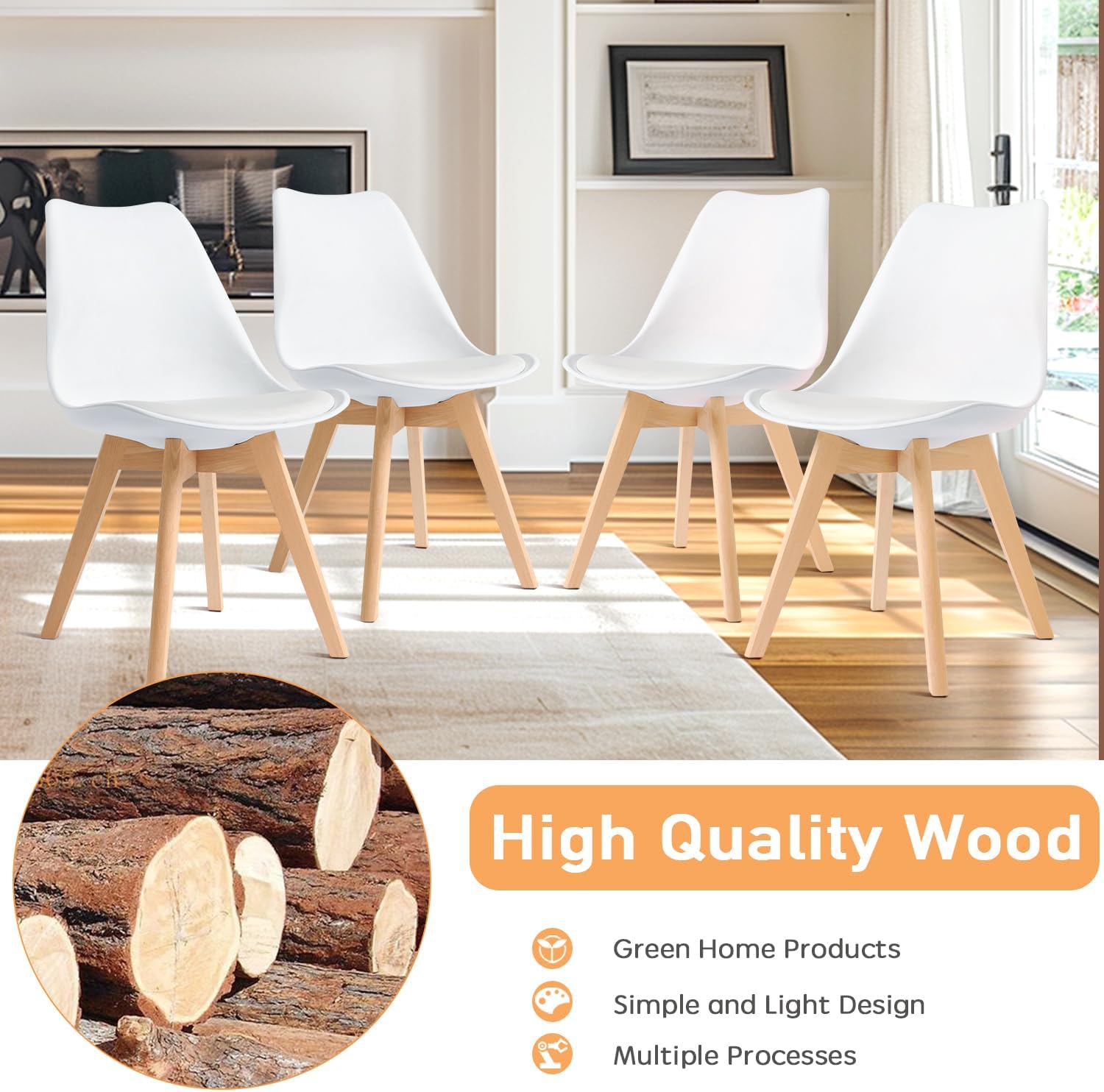 CangLong Mid Century Modern DSW Side Chair with Wood Legs for Kitchen, Living Dining Room, Set of 4, White-GCC Home Center