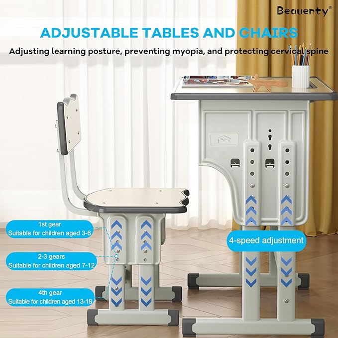 Adjustable Height Kids Desk and Chair Set With Large-Capacity Drawer