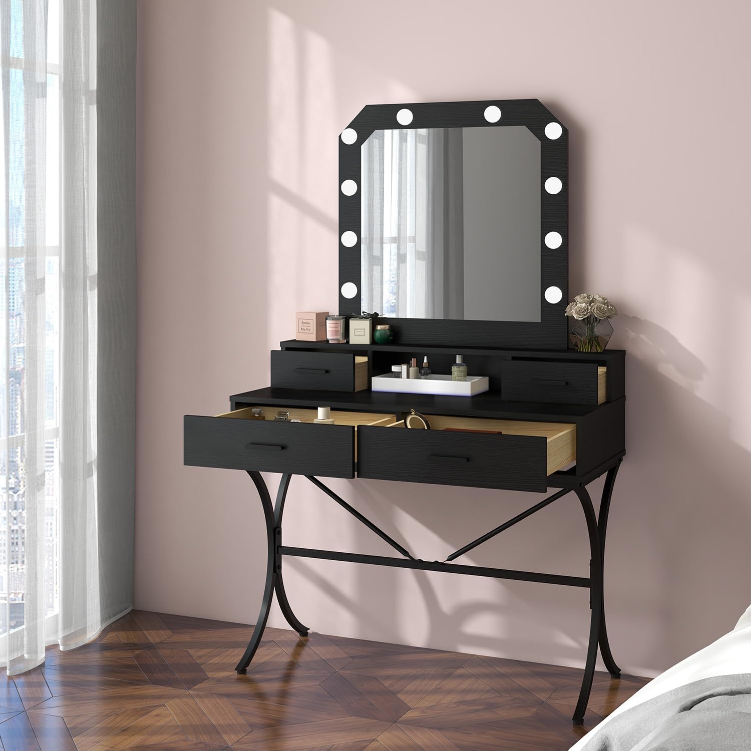 Vanity Table with Lighted Mirror, Modern Makeup Vanity Table with 10 Lights Makeup Desk 4 drawer Storage-GCC Home Center
