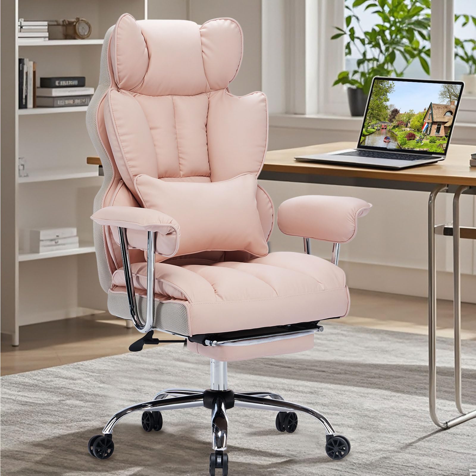 Efomao Big and Tall Office Chair 400lbs – PU Leather Executive Desk Chair with Lumbar Support & Leg Rest, Heavy-Duty Computer Chairs for Home Office, Green