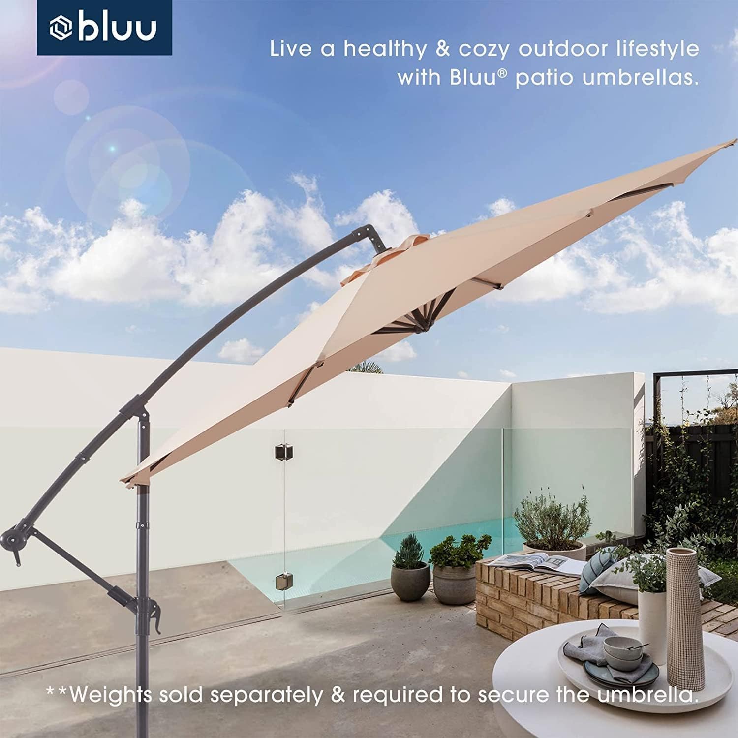 BLUU 10 FT Patio Offset Umbrella Outdoor Cantilever Umbrella Hanging Umbrellas, Fade Resistant Crank & Cross Base