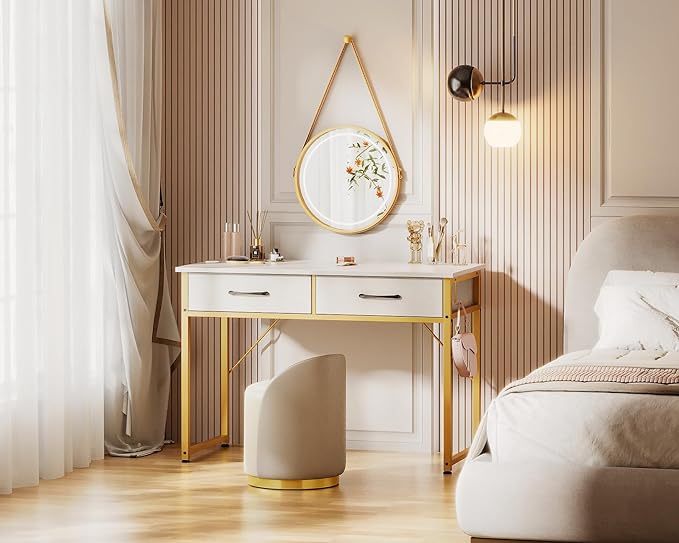 Vanity Desk Without Mirror, Makeup Vanity with 2 Fabric Drawers, White With Gold Legs-GCC Home Center