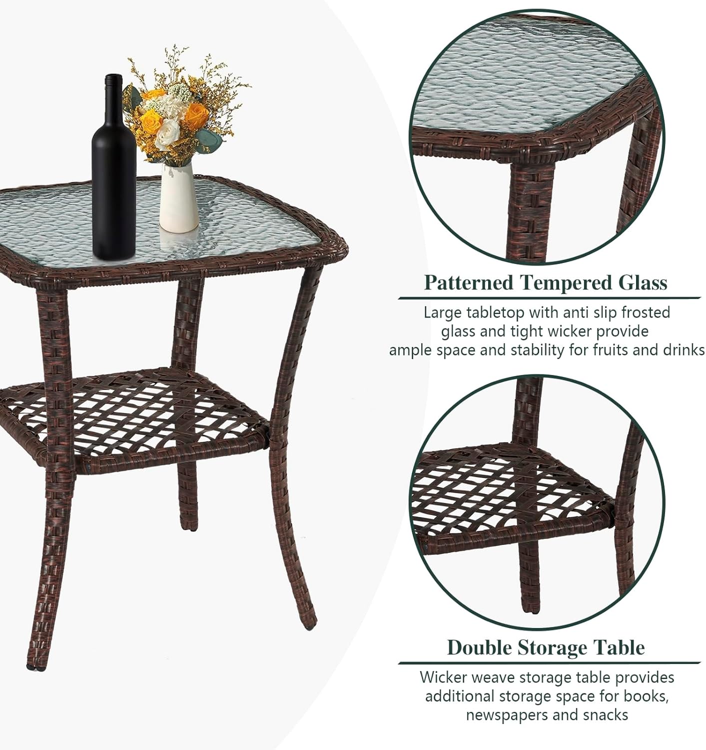 YIYAN Garden Furniture Set 3 Pieces Patio Rattan Wicker Chairs,Patio Porch Outdoor Furniture Set with Chairs, Coffee Table and Washable Cushions (Gray)