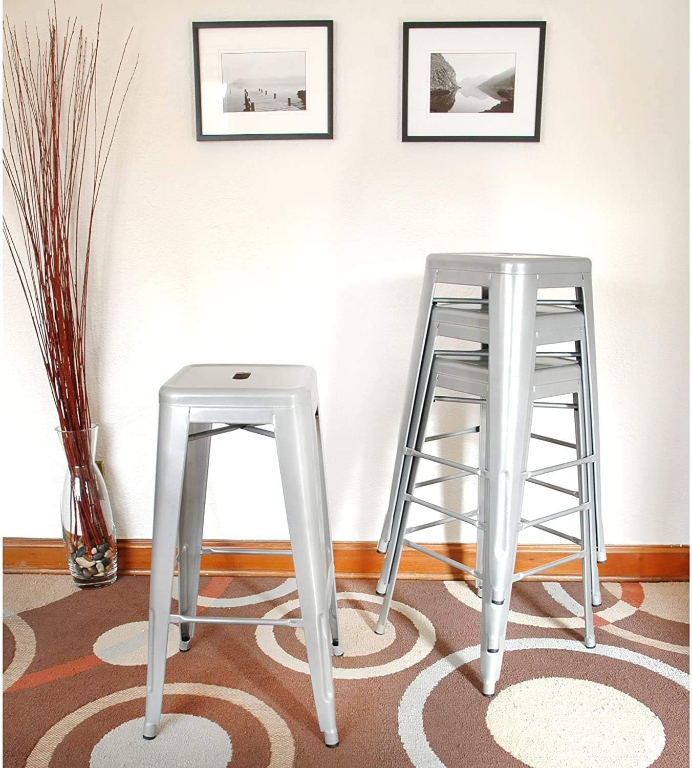 LANNY Furniture 75cm Height Antique Tolix Metal Stackable Barstools D7 Indoor-Outdoor High Chair with Square Seat for Counter Courtyard Kitchen Dining Room Restaurant Bar shop Eating (silver)-GCC Home Center