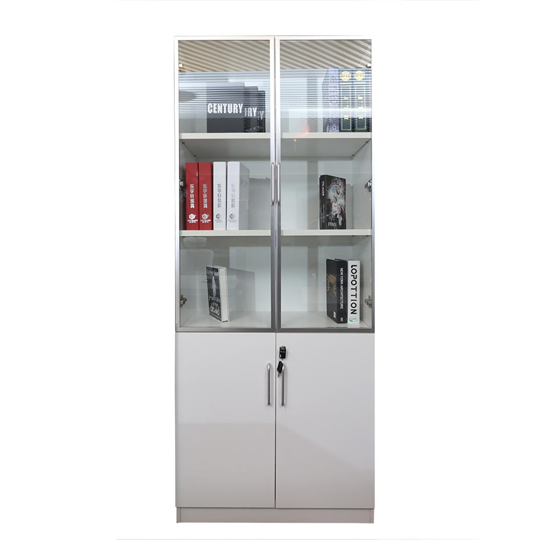 Modern 2-Door Glass Cabinet And 5 Shelves, Office Smart File Cabinet - White-GCC Home Center