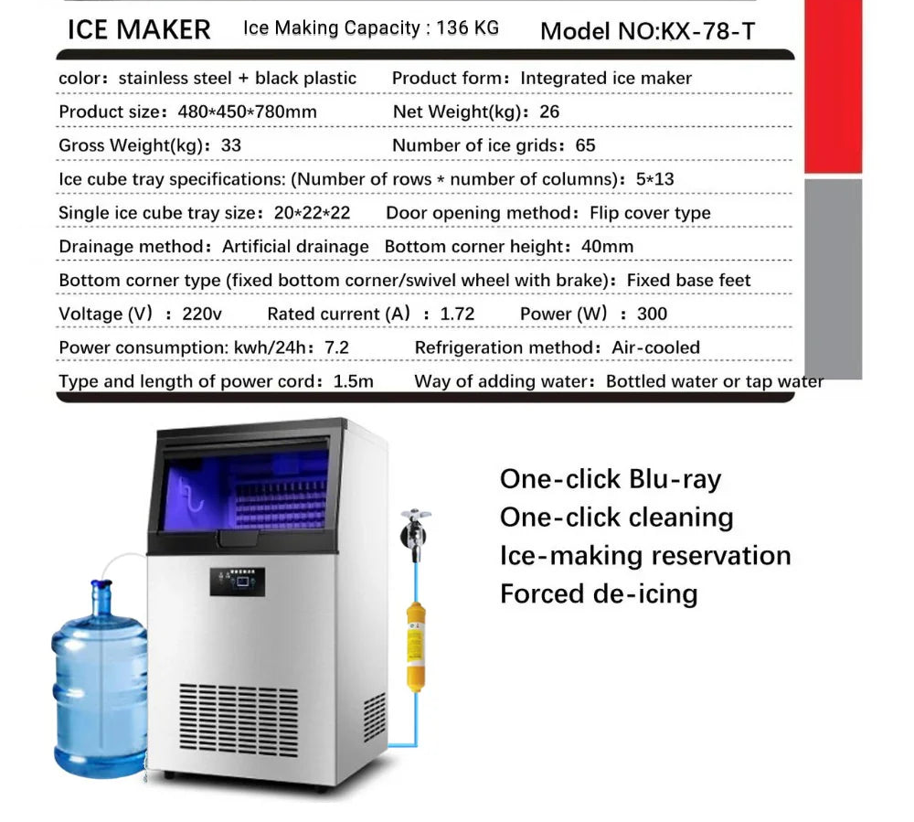 Commercial Ice Maker-120-130KG/day Large Capacity, 65 Ice Cubes are Made in 15 Minutes